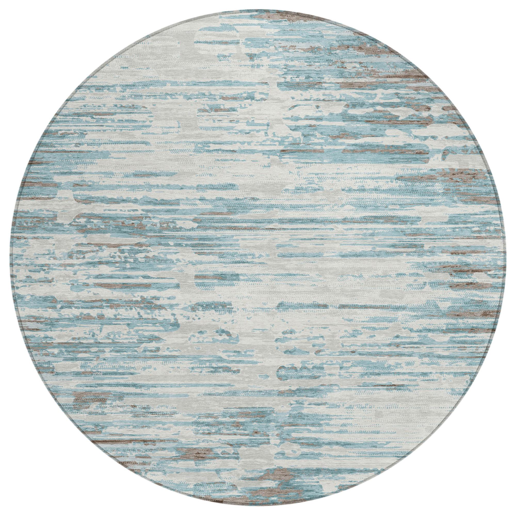 8' Teal Blue And Pewter Round Abstract Washable Indoor Outdoor Area Rug Homeroots Outdoor