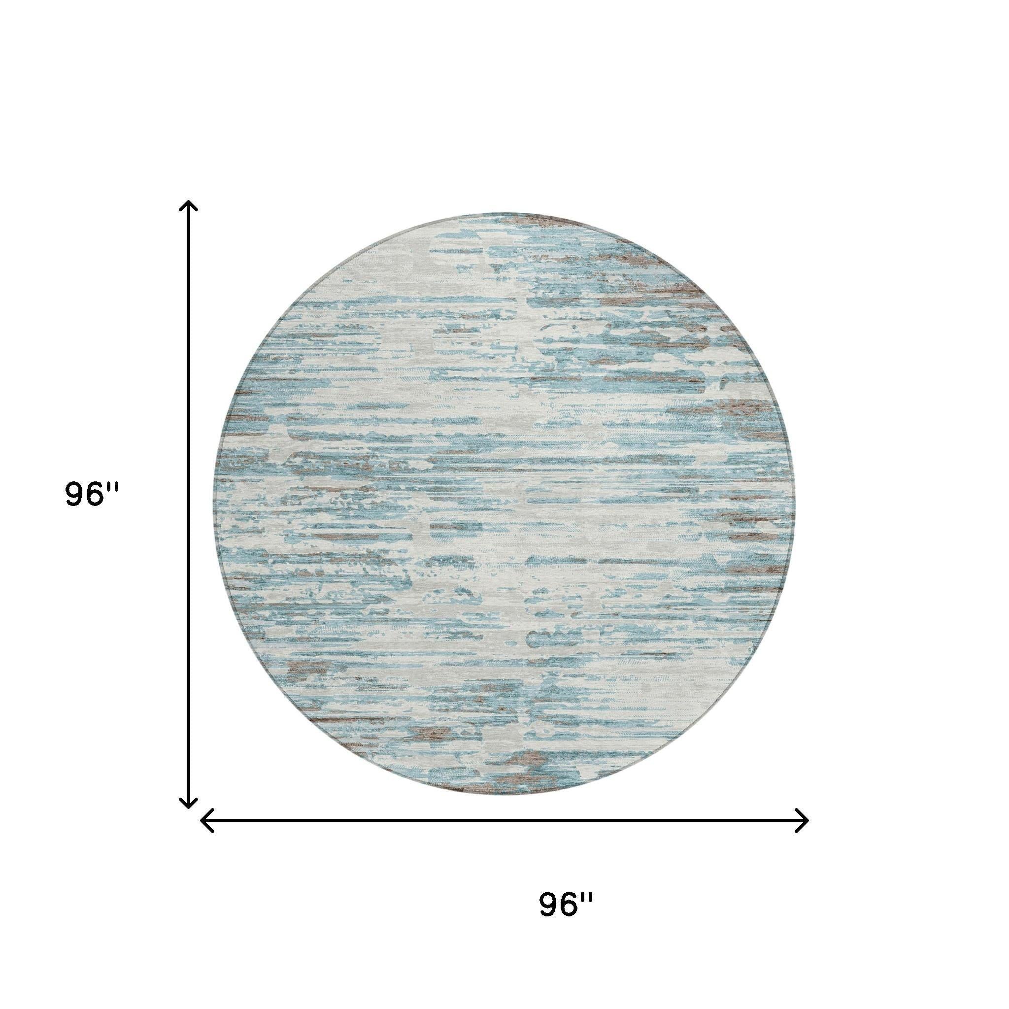 8' Teal Blue And Pewter Round Abstract Washable Indoor Outdoor Area Rug Homeroots Outdoor