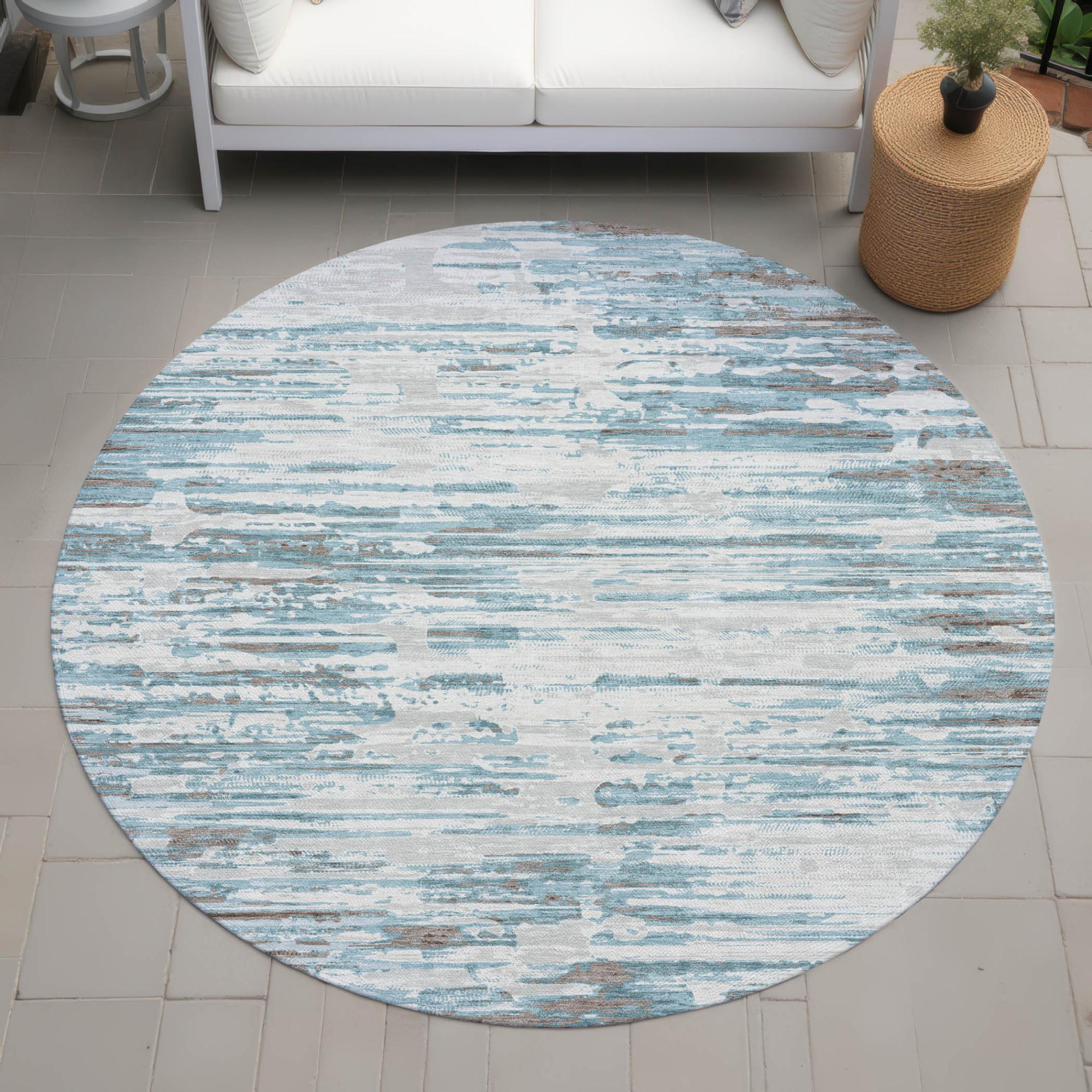 8' Teal Blue And Pewter Round Abstract Washable Indoor Outdoor Area Rug Homeroots Outdoor