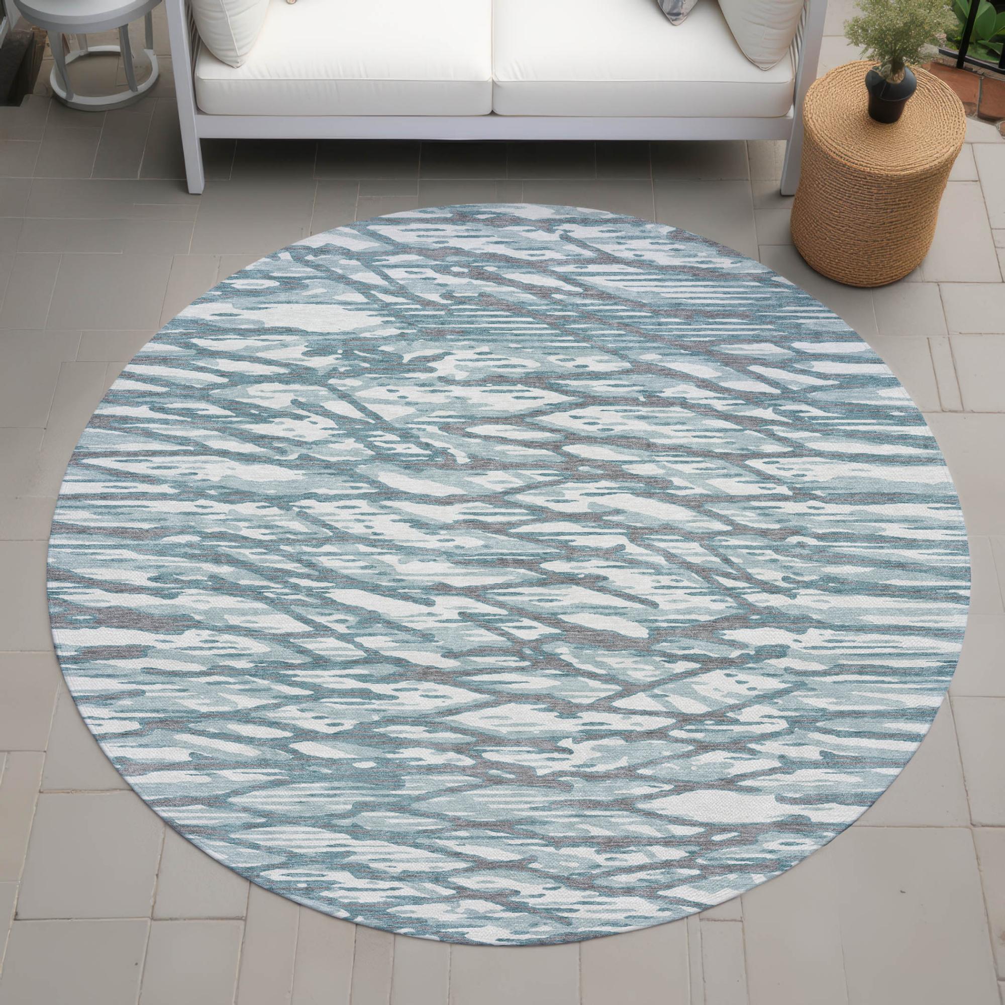8' Teal Blue And Pewter Round Abstract Washable Indoor Outdoor Area Rug Homeroots Outdoor