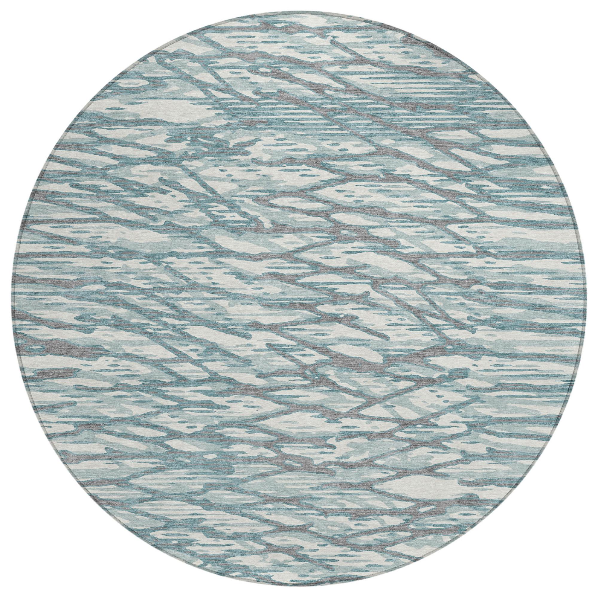 8' Teal Blue And Pewter Round Abstract Washable Indoor Outdoor Area Rug Homeroots Outdoor