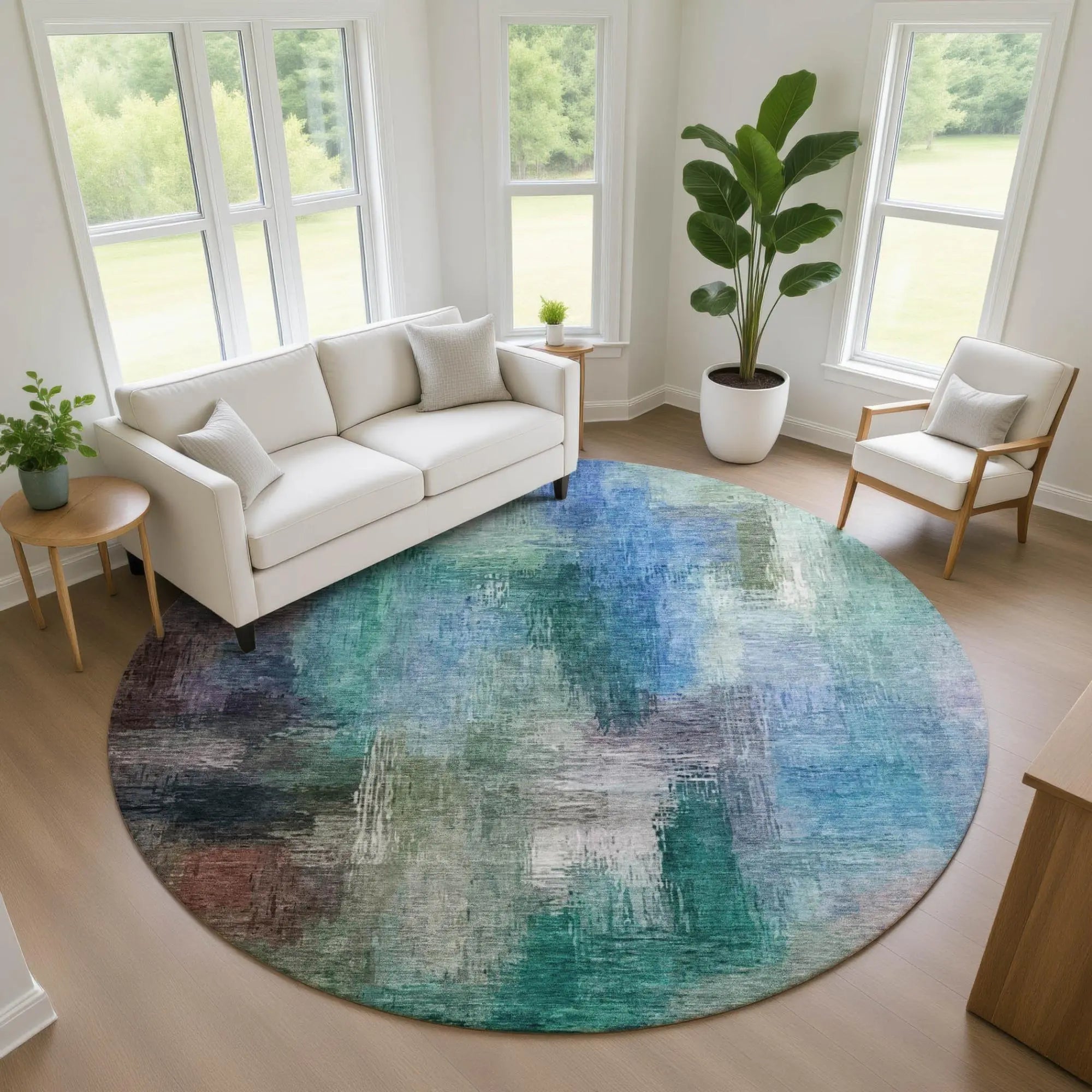 8' Teal Blue And Pewter Round Abstract Washable Indoor Outdoor Area Rug Homeroots Outdoor
