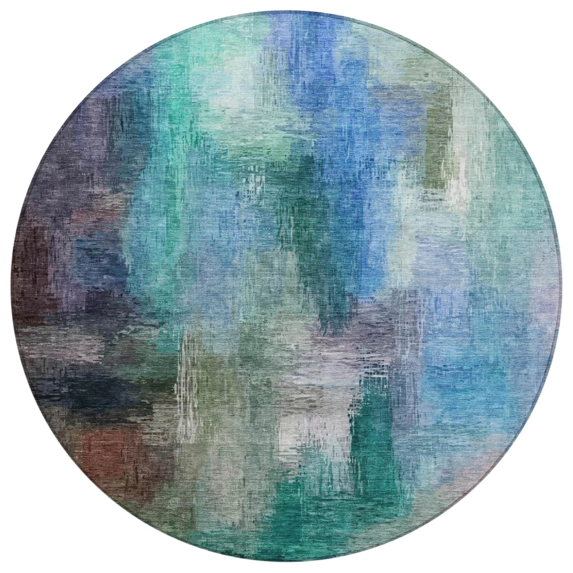 8' Teal Blue And Pewter Round Abstract Washable Indoor Outdoor Area Rug Homeroots Outdoor