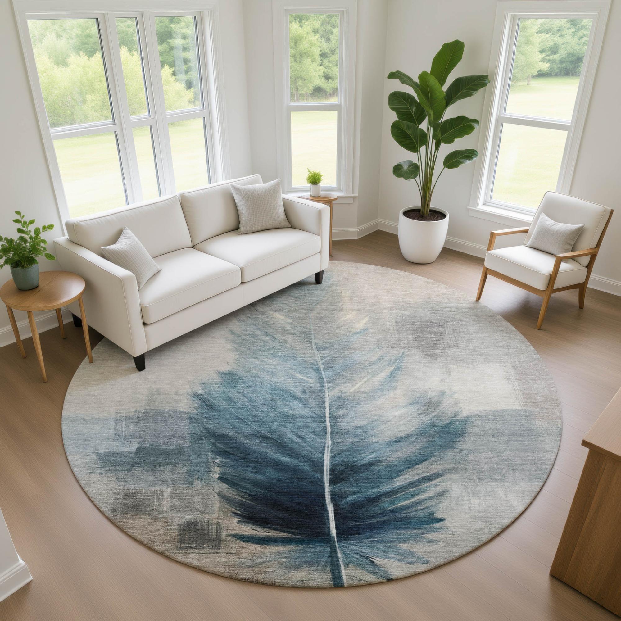 8' Teal Blue And Pewter Round Botanical Leaves Washable Indoor Outdoor Area Rug Homeroots Outdoor