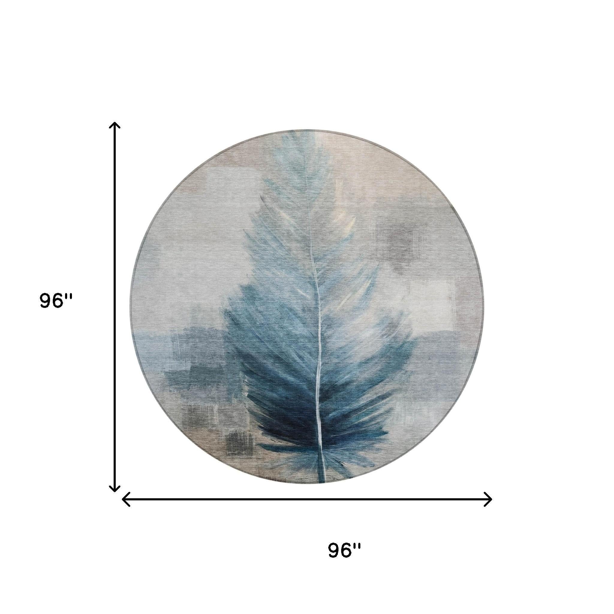 8' Teal Blue And Pewter Round Botanical Leaves Washable Indoor Outdoor Area Rug Homeroots Outdoor