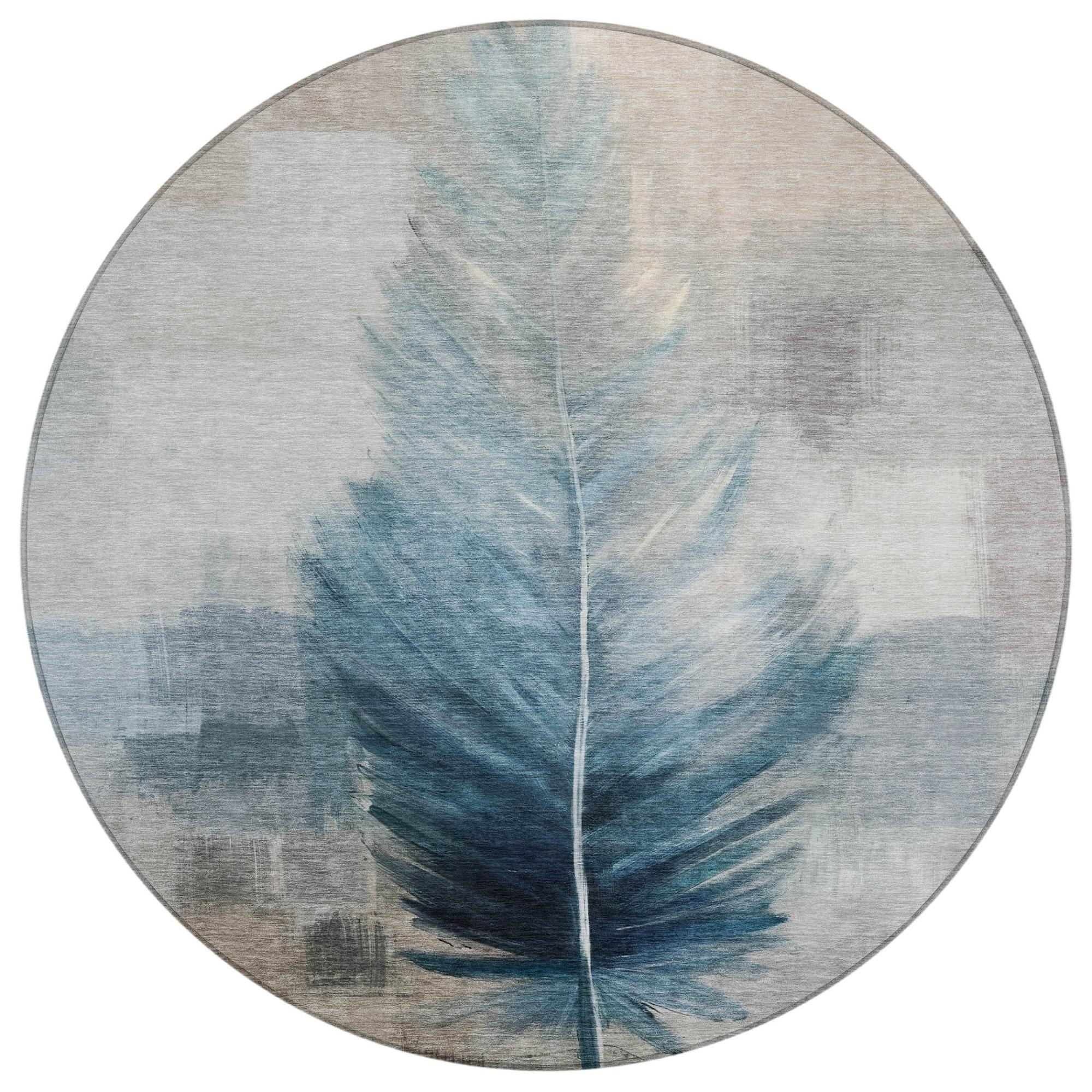 8' Teal Blue And Pewter Round Botanical Leaves Washable Indoor Outdoor Area Rug Homeroots Outdoor