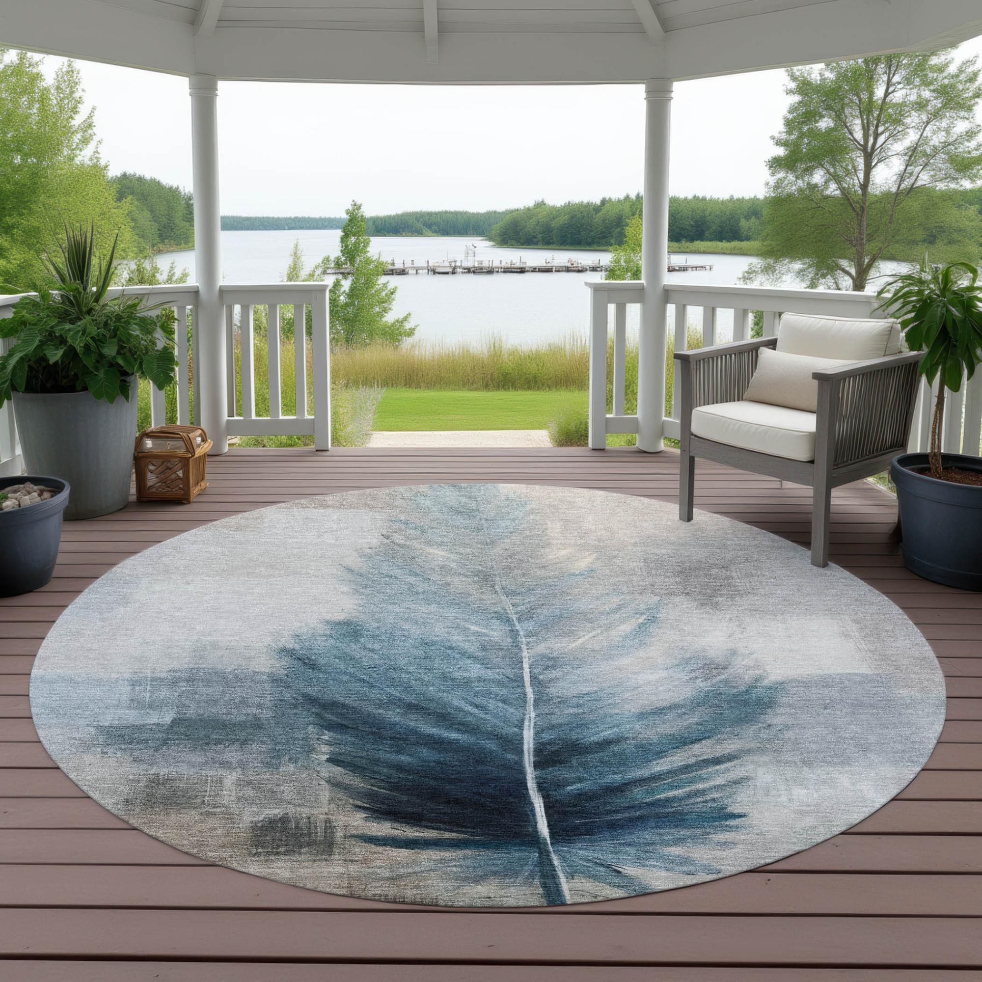 8' Teal Blue And Pewter Round Botanical Leaves Washable Indoor Outdoor Area Rug Homeroots Outdoor