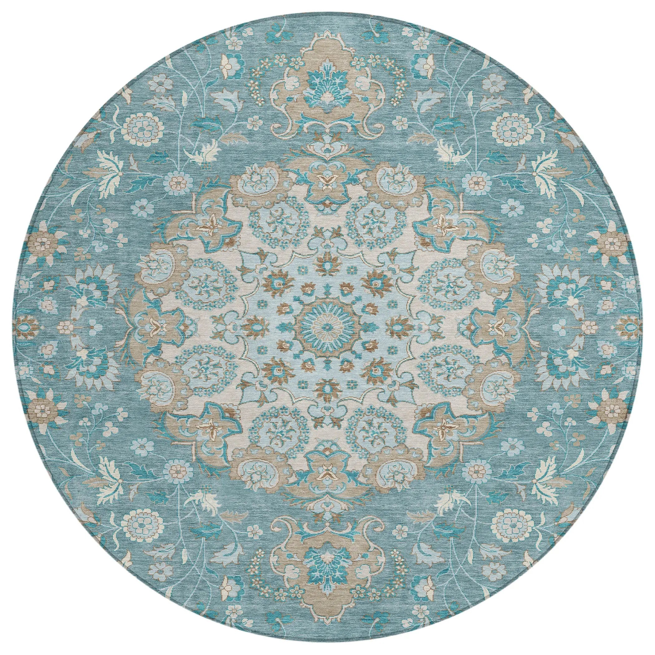 8' Teal Blue And Pewter Round Damask Washable Indoor Outdoor Area Rug Homeroots Outdoor