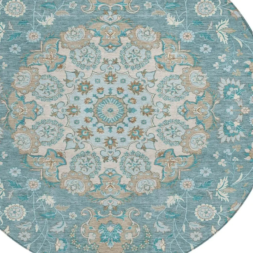 8' Teal Blue And Pewter Round Damask Washable Indoor Outdoor Area Rug Homeroots Outdoor