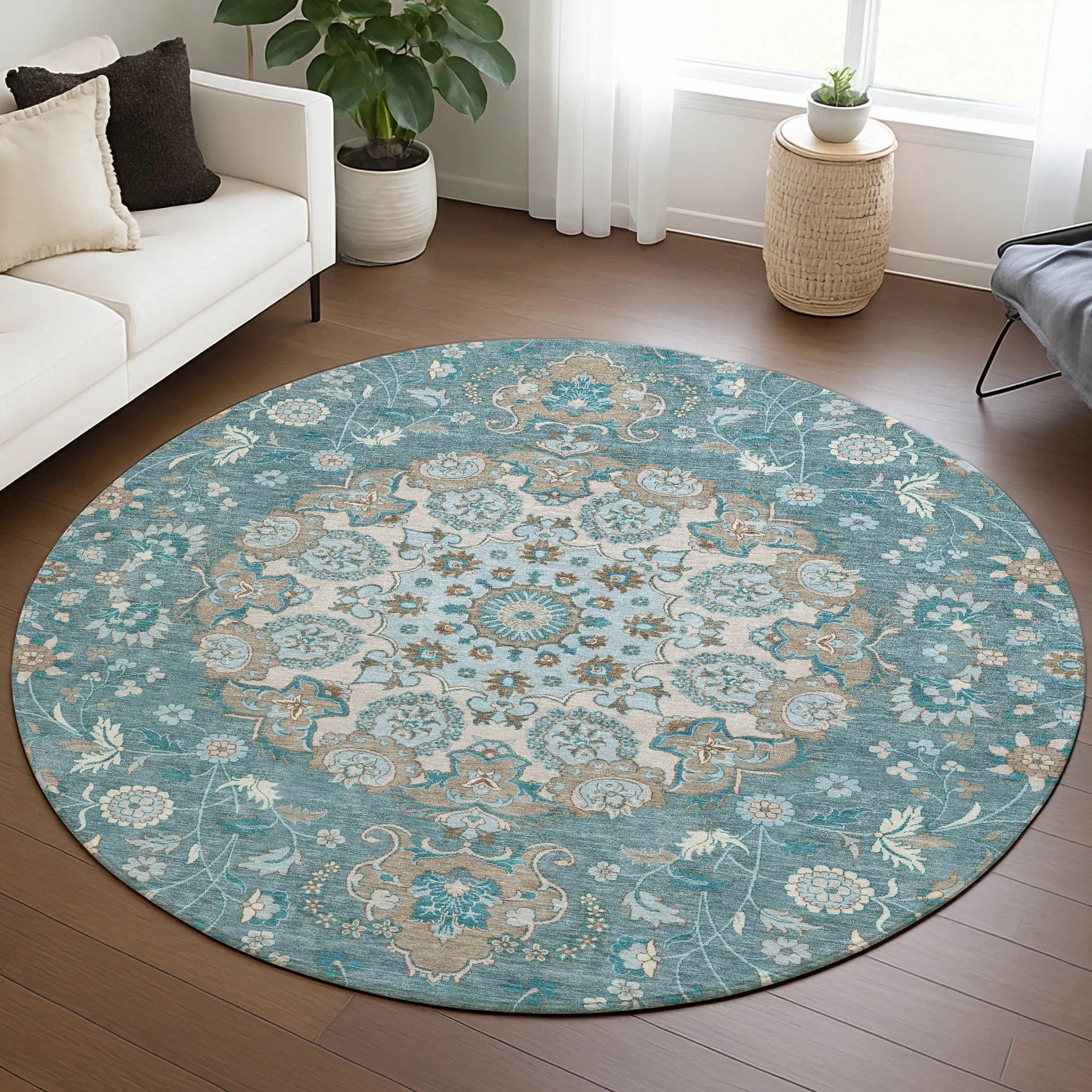 8' Teal Blue And Pewter Round Damask Washable Indoor Outdoor Area Rug Homeroots Outdoor