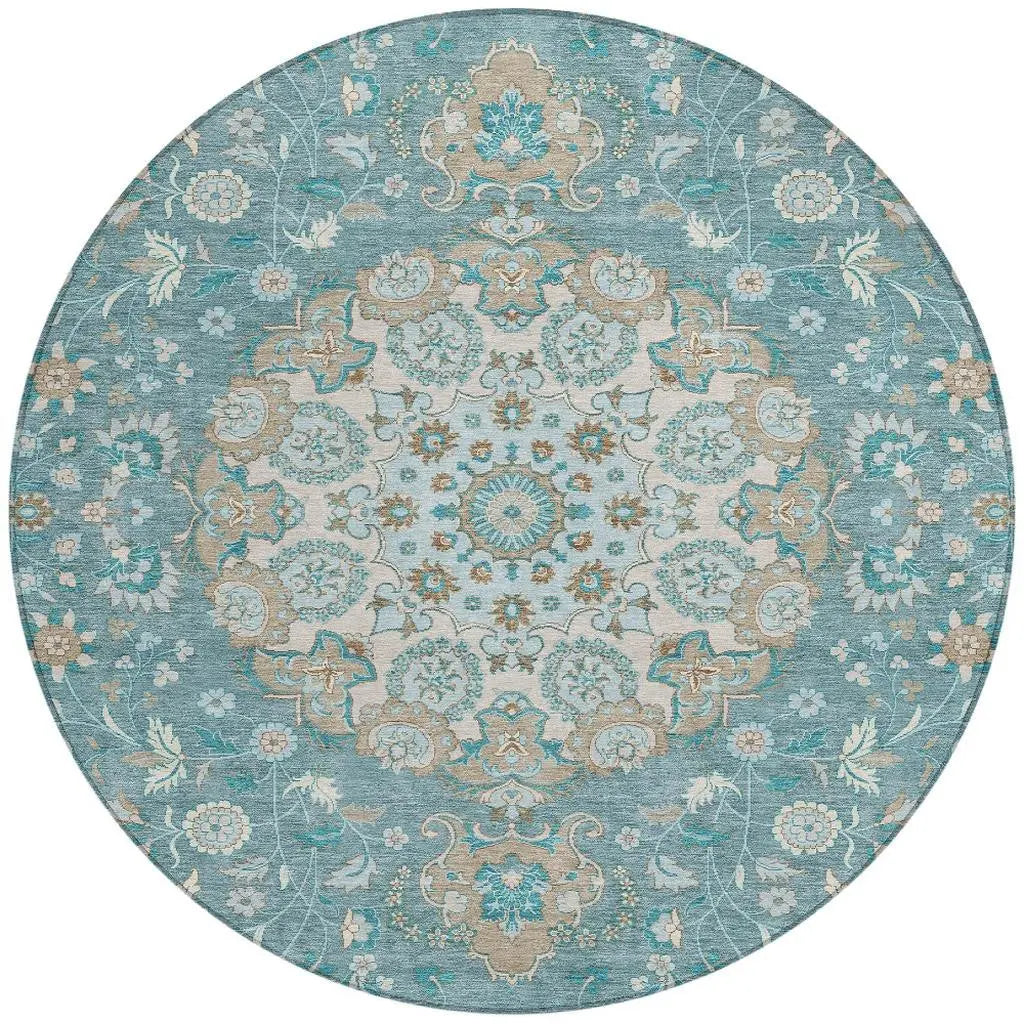 8' Teal Blue And Pewter Round Damask Washable Indoor Outdoor Area Rug Homeroots Outdoor