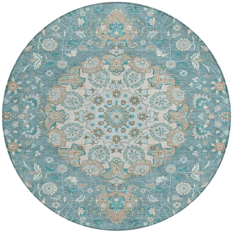 8' Teal Blue And Pewter Round Damask Washable Indoor Outdoor Area Rug Homeroots Outdoor