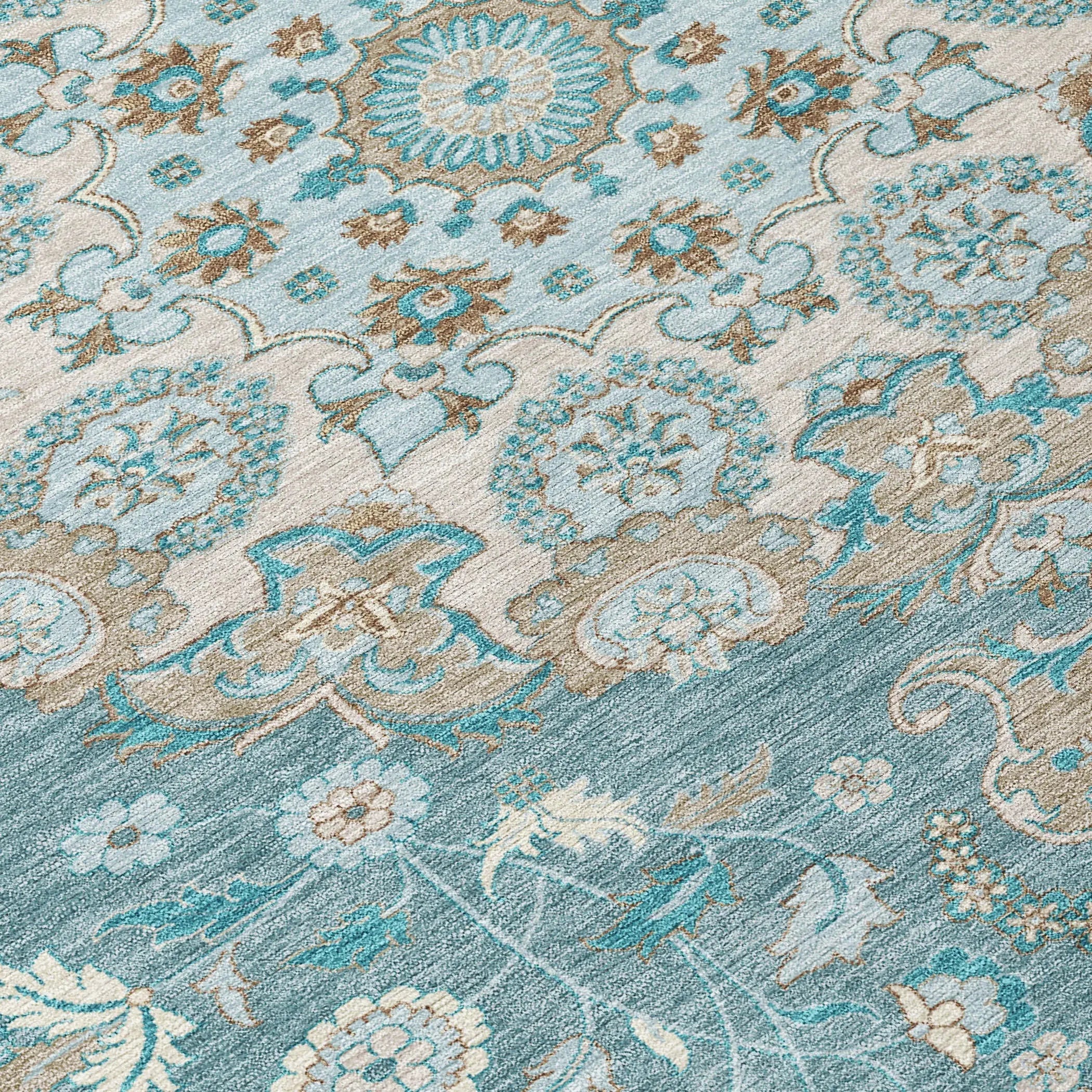 8' Teal Blue And Pewter Round Damask Washable Indoor Outdoor Area Rug Homeroots Outdoor