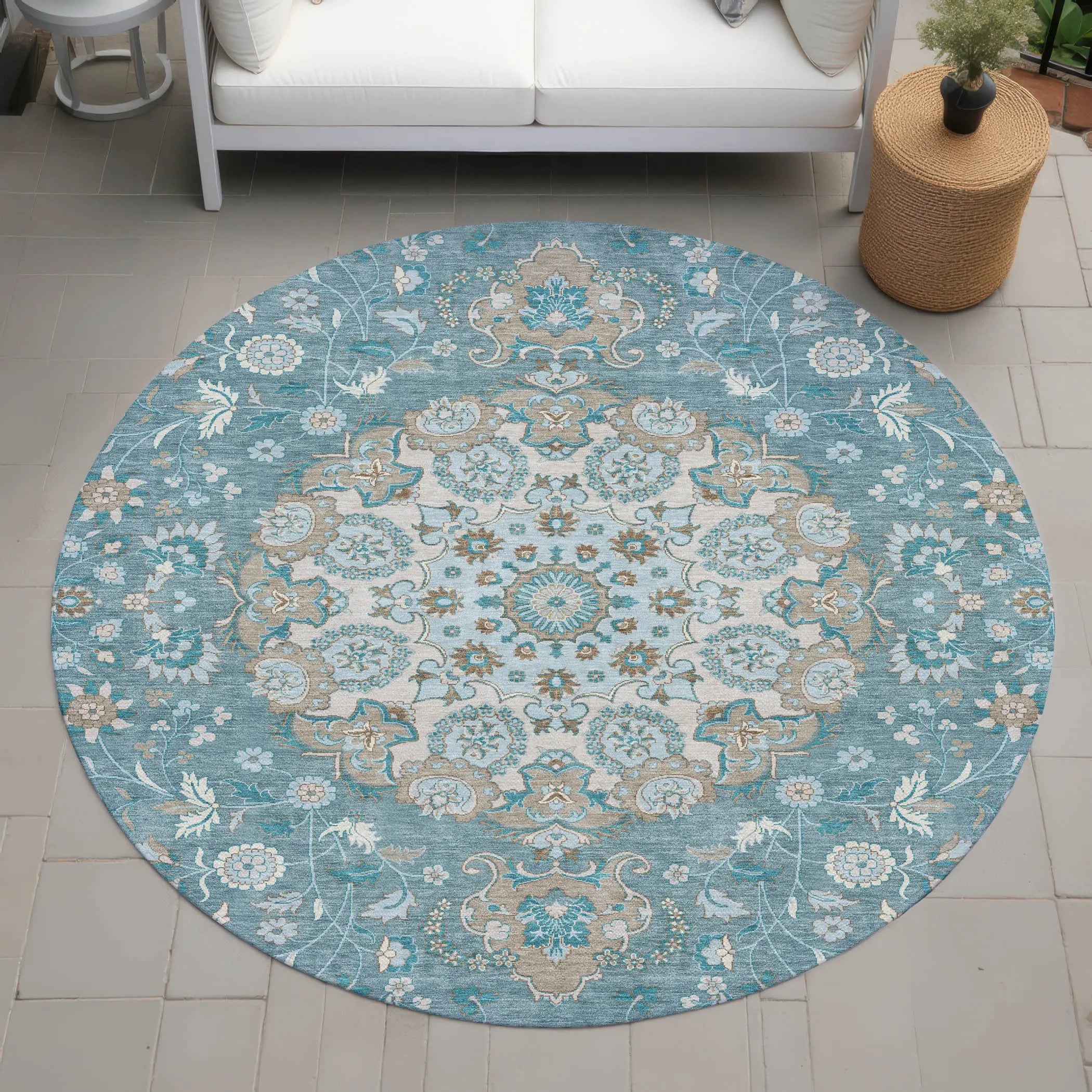 8' Teal Blue And Pewter Round Damask Washable Indoor Outdoor Area Rug Homeroots Outdoor