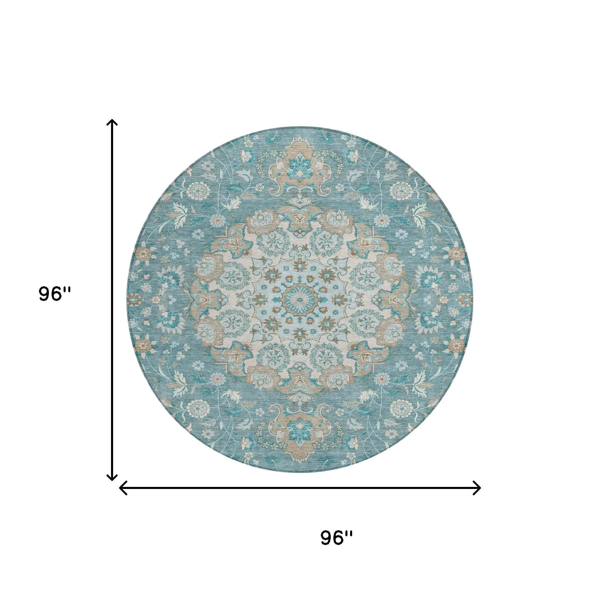 8' Teal Blue And Pewter Round Damask Washable Indoor Outdoor Area Rug Homeroots Outdoor