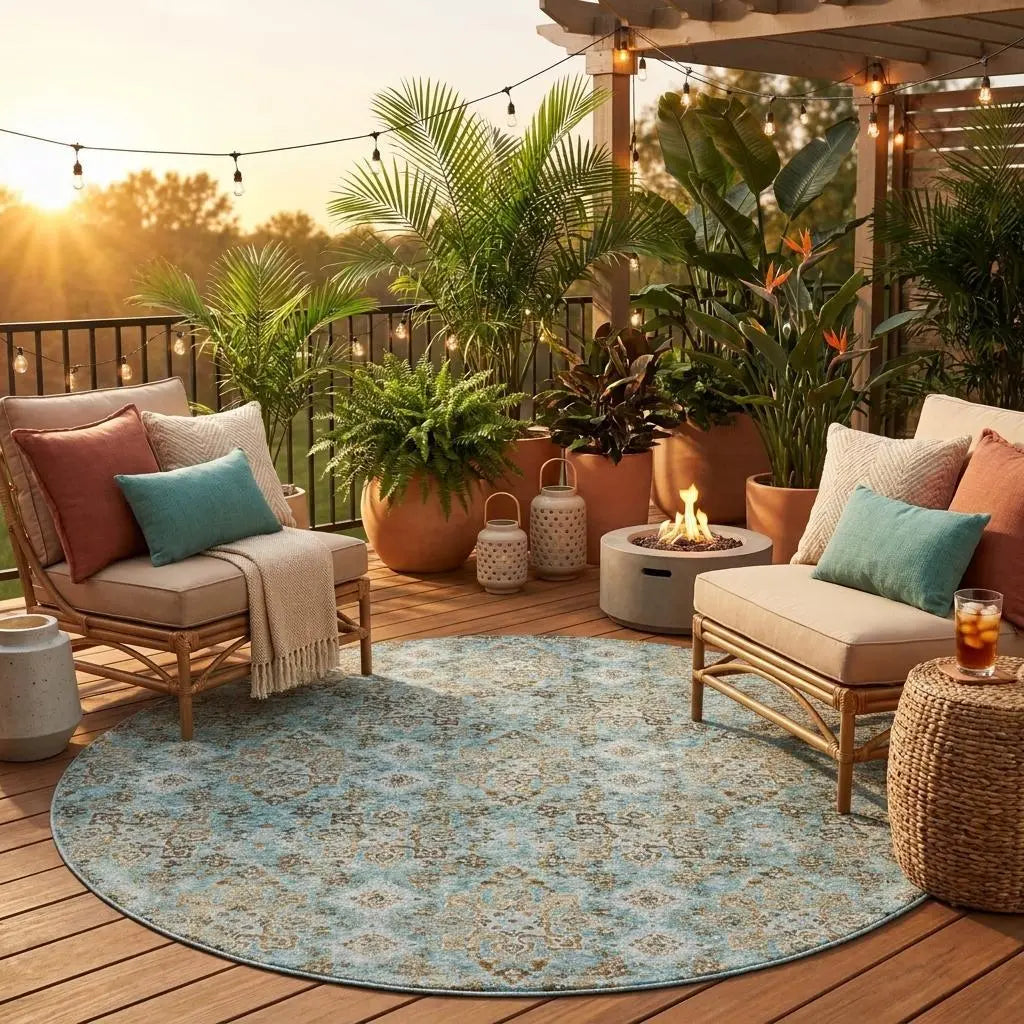 8' Teal Blue And Pewter Round Damask Washable Indoor Outdoor Area Rug Homeroots Outdoor