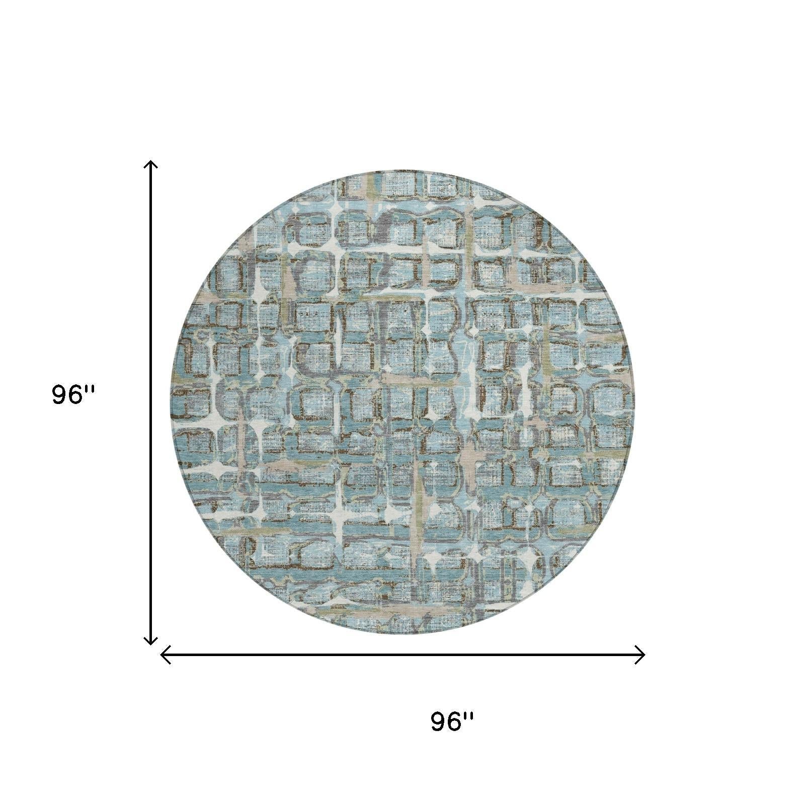 8' Teal Blue And Pewter Round Geometric Washable Indoor Outdoor Area Rug Homeroots Outdoor