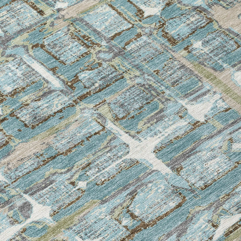 8' Teal Blue And Pewter Round Geometric Washable Indoor Outdoor Area Rug Homeroots Outdoor