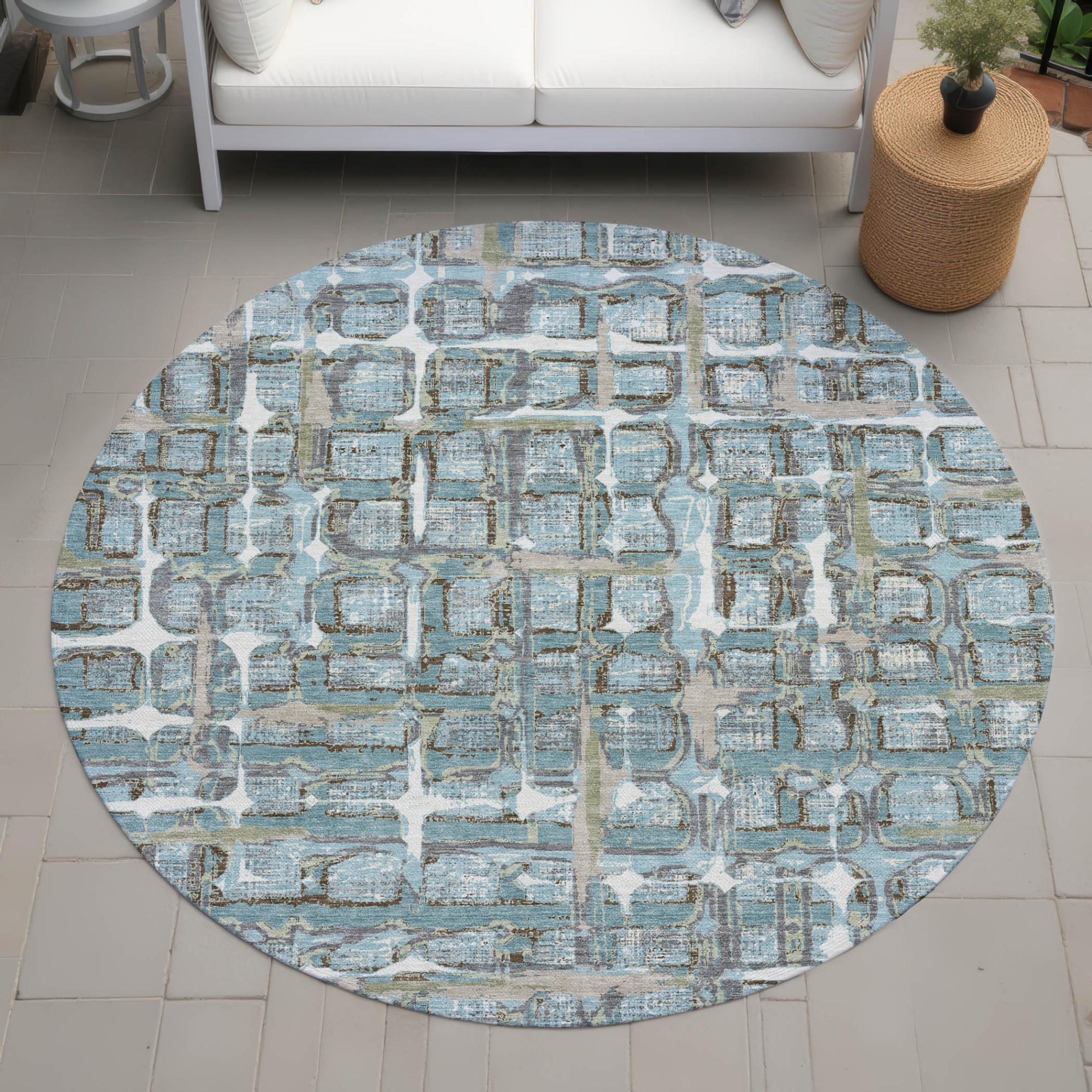 8' Teal Blue And Pewter Round Geometric Washable Indoor Outdoor Area Rug Homeroots Outdoor