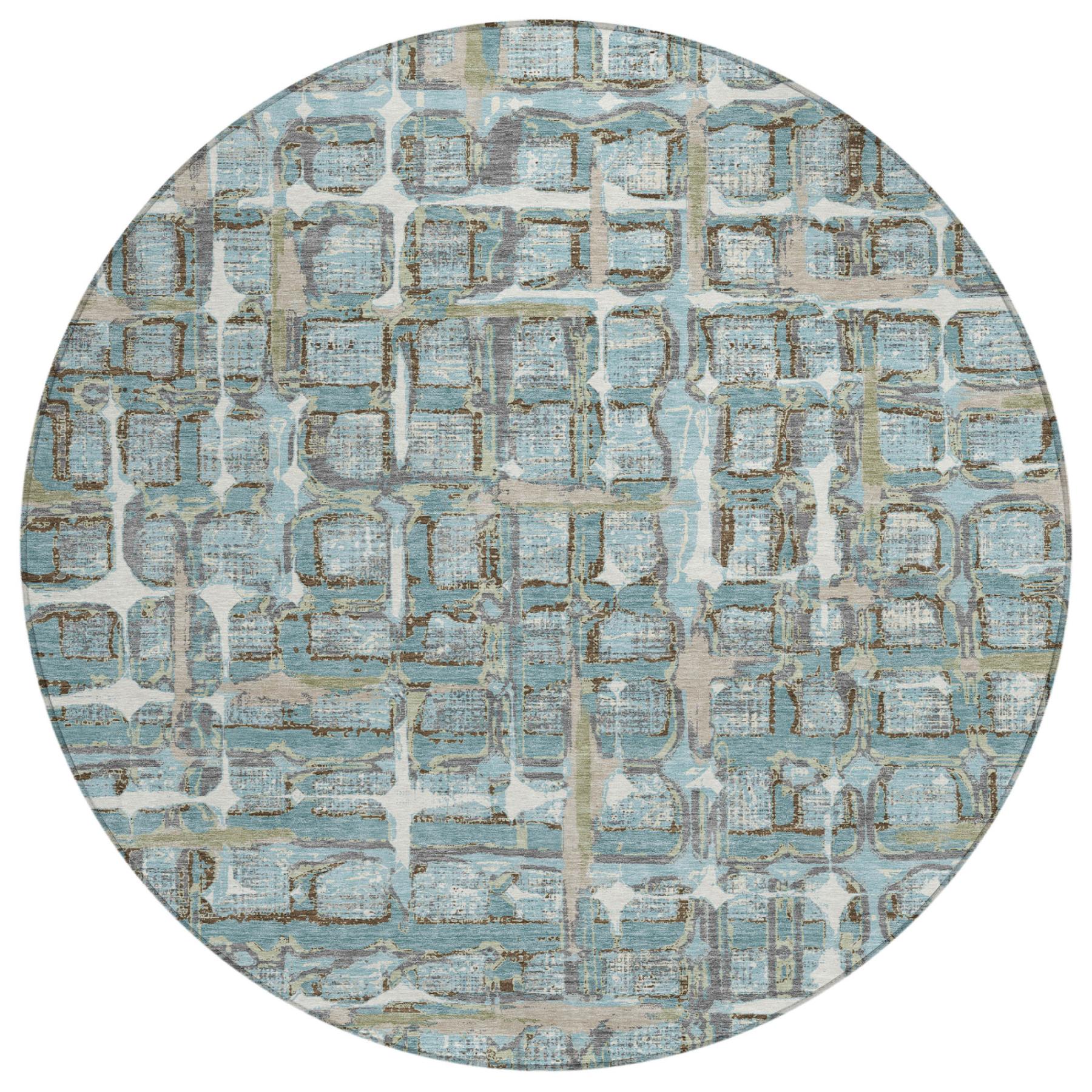 8' Teal Blue And Pewter Round Geometric Washable Indoor Outdoor Area Rug Homeroots Outdoor