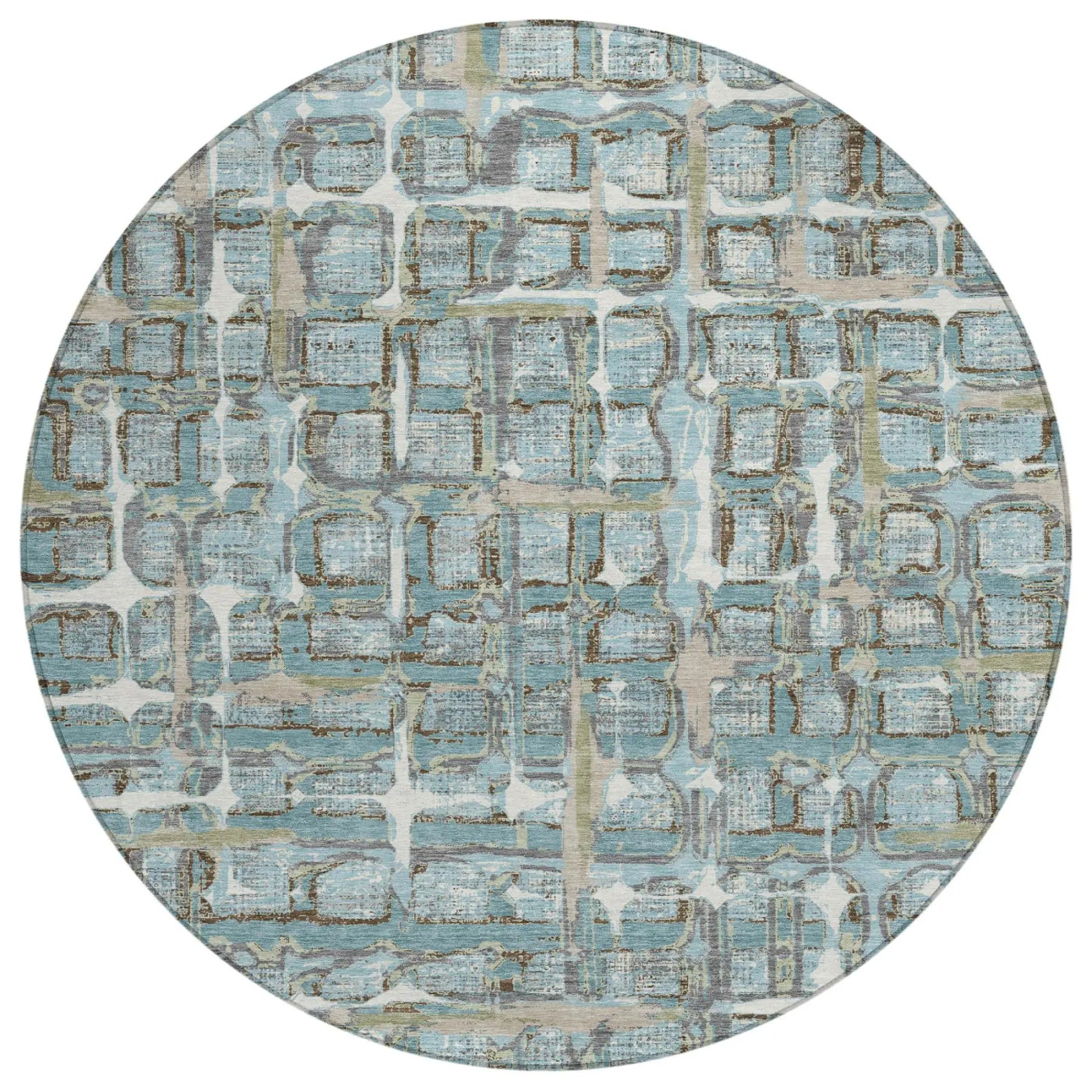 8' Teal Blue And Pewter Round Geometric Washable Indoor Outdoor Area Rug Homeroots Outdoor