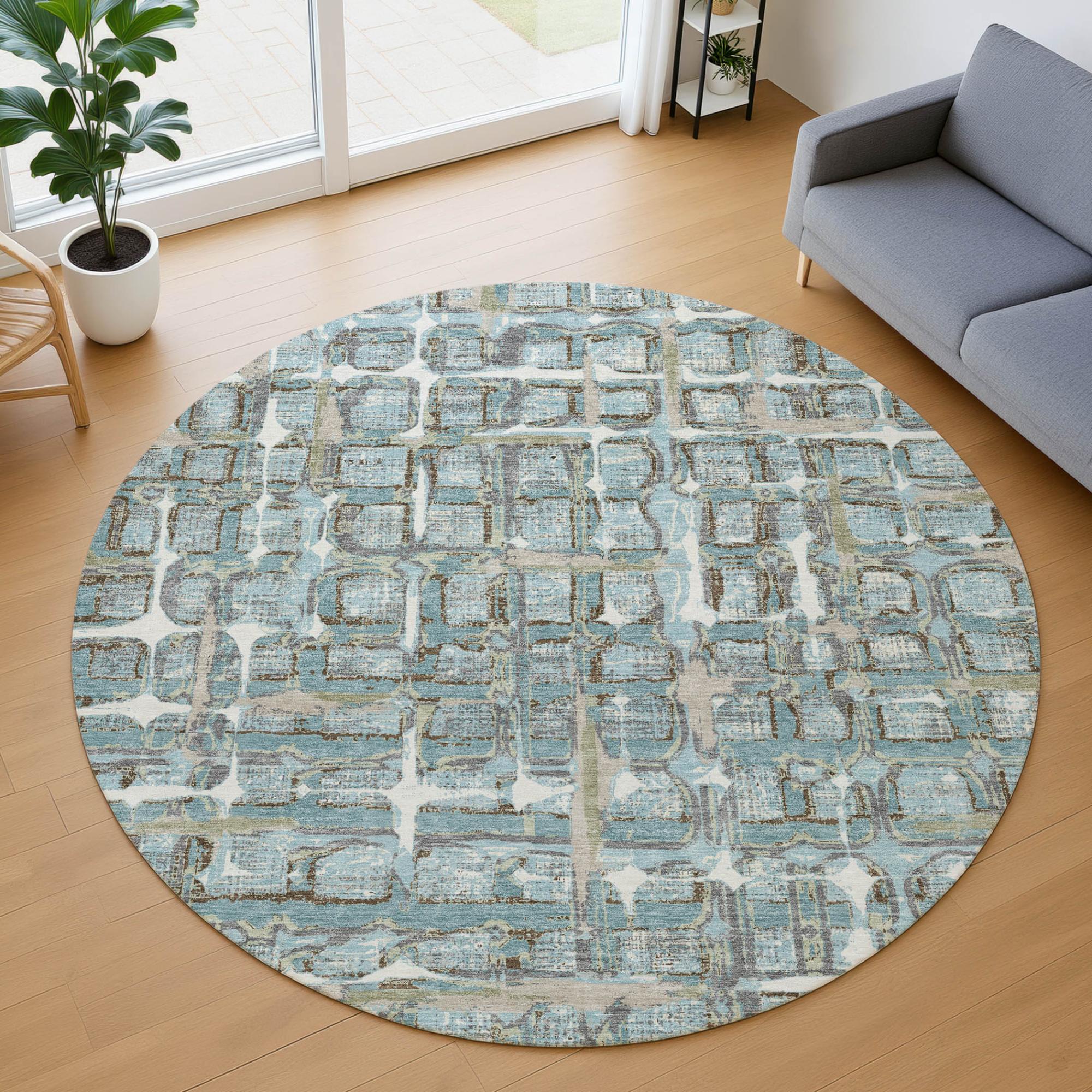 8' Teal Blue And Pewter Round Geometric Washable Indoor Outdoor Area Rug Homeroots Outdoor