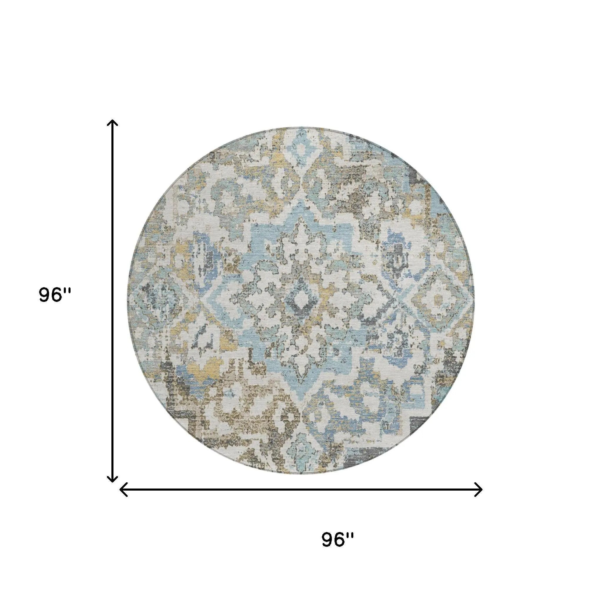 8' Teal Blue And Pewter Round Medallion Washable Indoor Outdoor Area Rug Homeroots Outdoor
