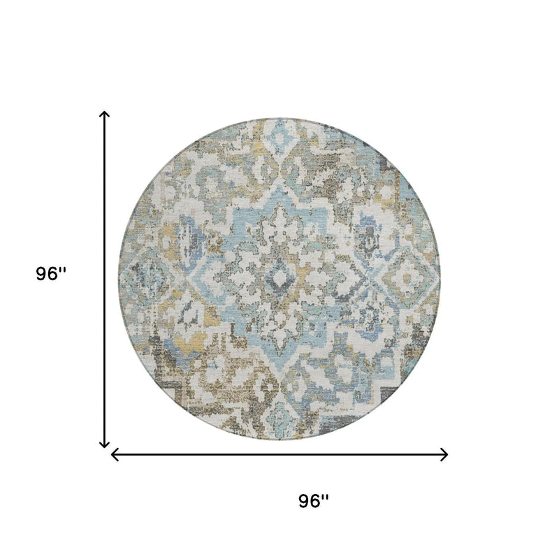 8' Teal Blue And Pewter Round Medallion Washable Indoor Outdoor Area Rug Homeroots Outdoor