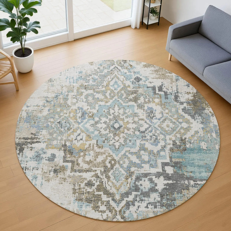 8' Teal Blue And Pewter Round Medallion Washable Indoor Outdoor Area Rug Homeroots Outdoor