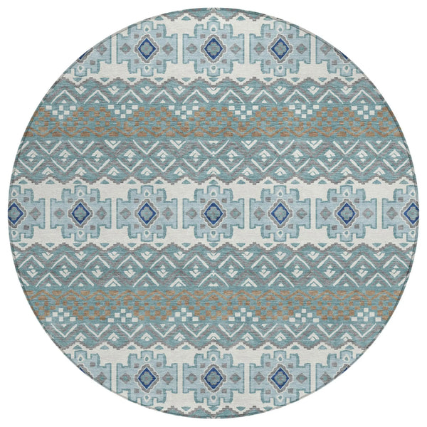 8' Teal Blue And Pewter Round Striped Washable Indoor Outdoor Area Rug Homeroots Outdoor
