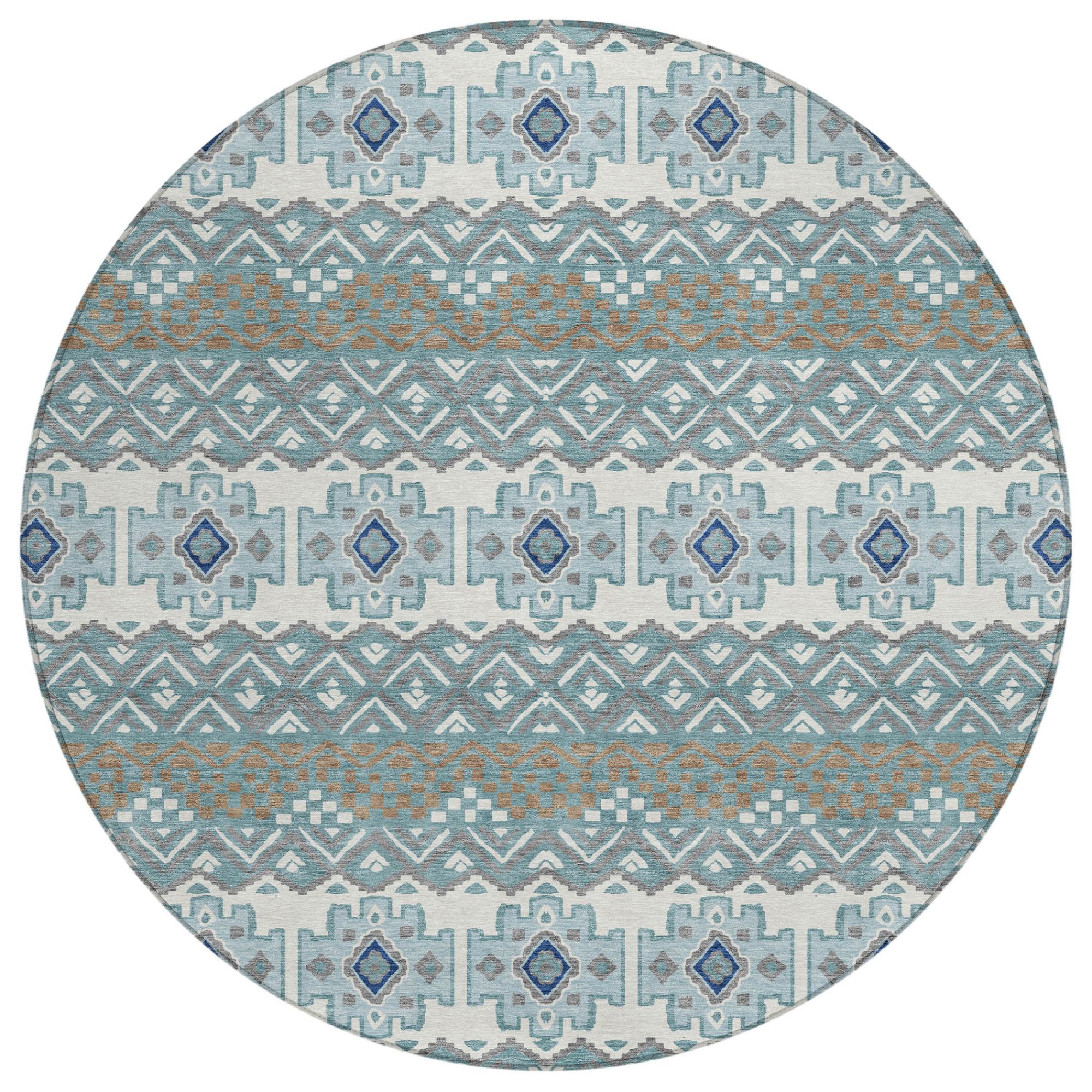 8' Teal Blue And Pewter Round Striped Washable Indoor Outdoor Area Rug Homeroots Outdoor