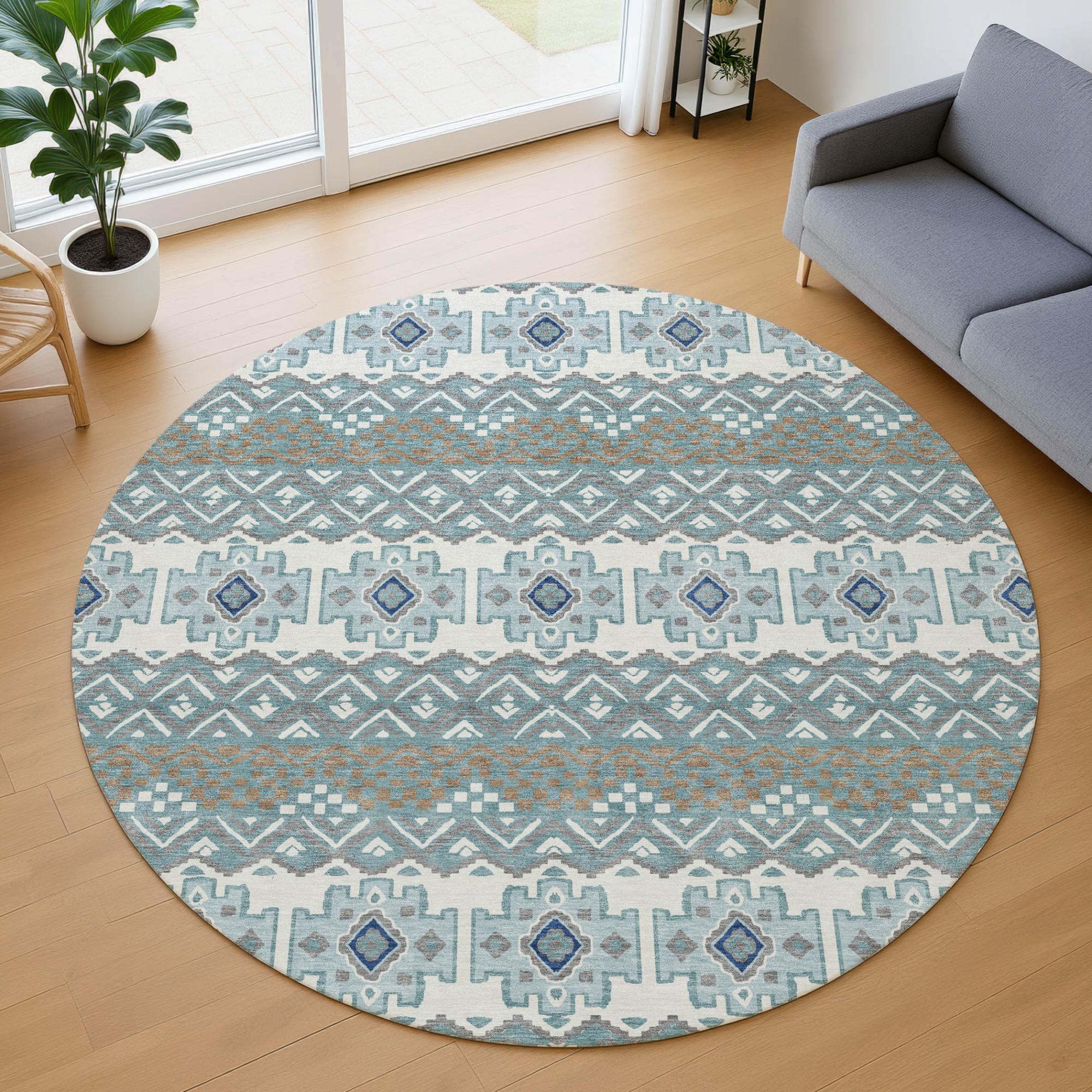 8' Teal Blue And Pewter Round Striped Washable Indoor Outdoor Area Rug Homeroots Outdoor