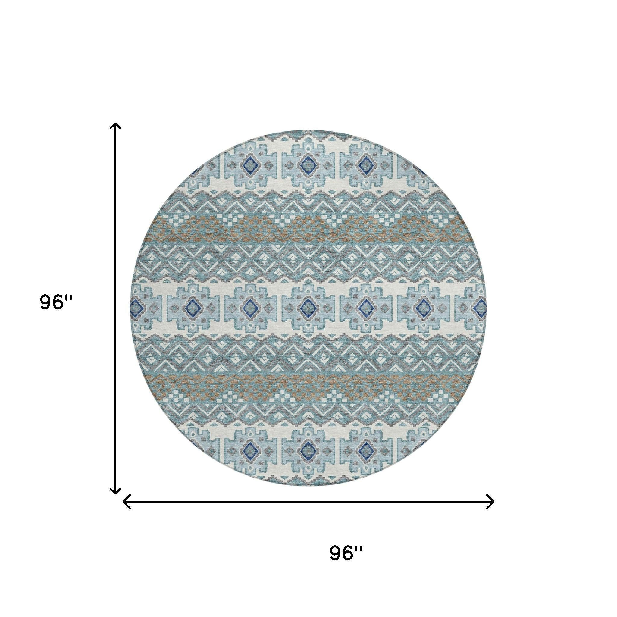 8' Teal Blue And Pewter Round Striped Washable Indoor Outdoor Area Rug Homeroots Outdoor