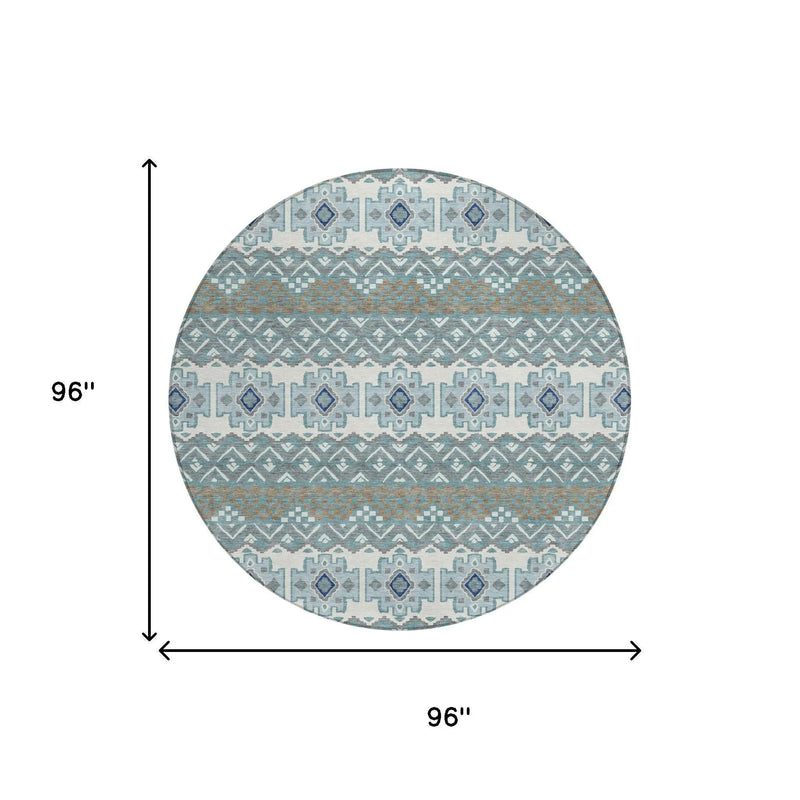 8' Teal Blue And Pewter Round Striped Washable Indoor Outdoor Area Rug Homeroots Outdoor