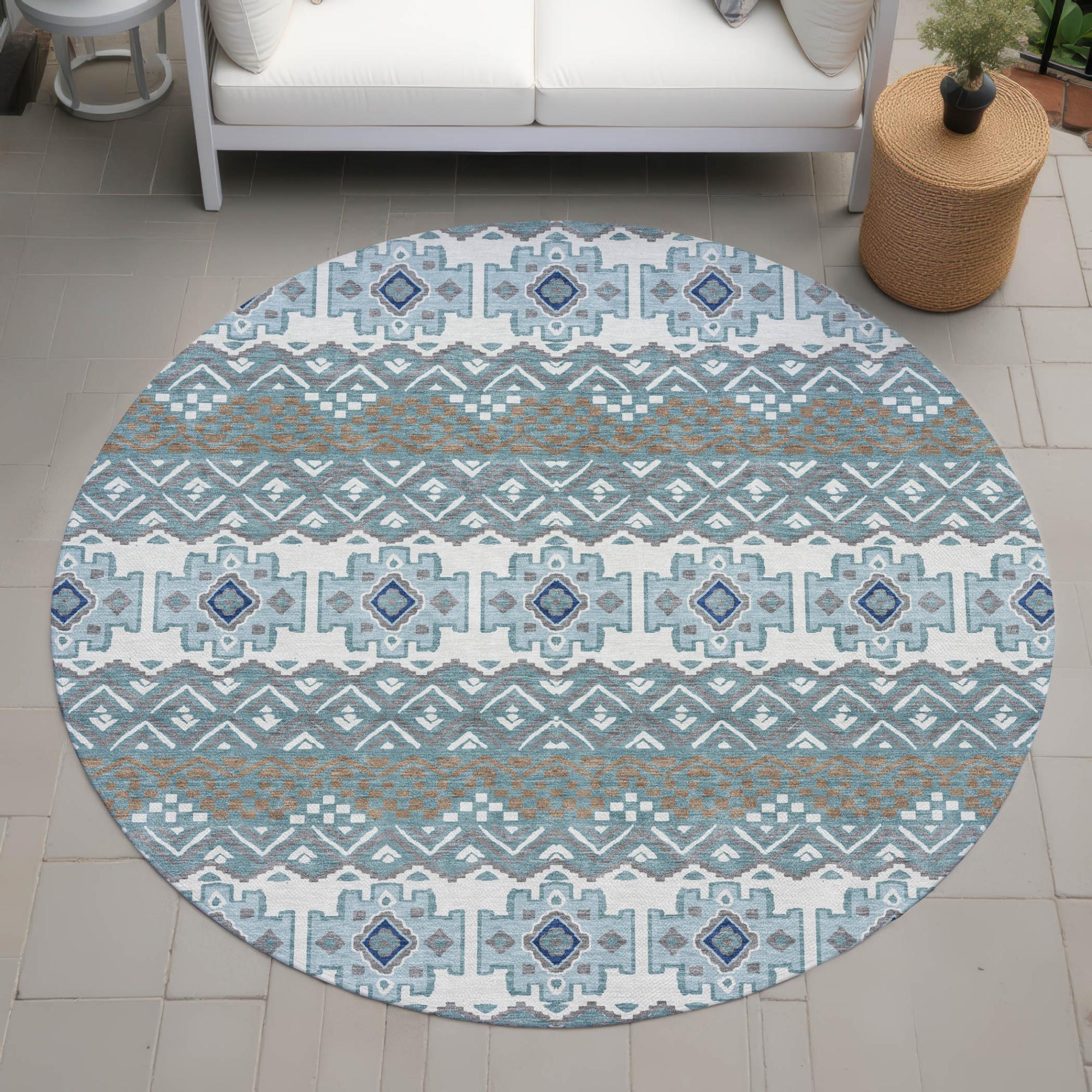 8' Teal Blue And Pewter Round Striped Washable Indoor Outdoor Area Rug Homeroots Outdoor