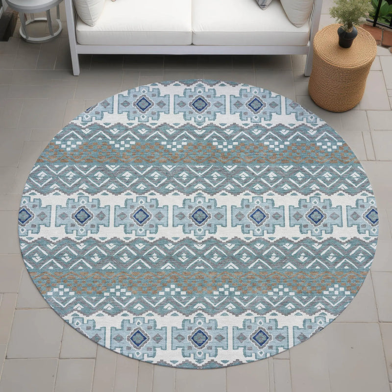 8' Teal Blue And Pewter Round Striped Washable Indoor Outdoor Area Rug Homeroots Outdoor