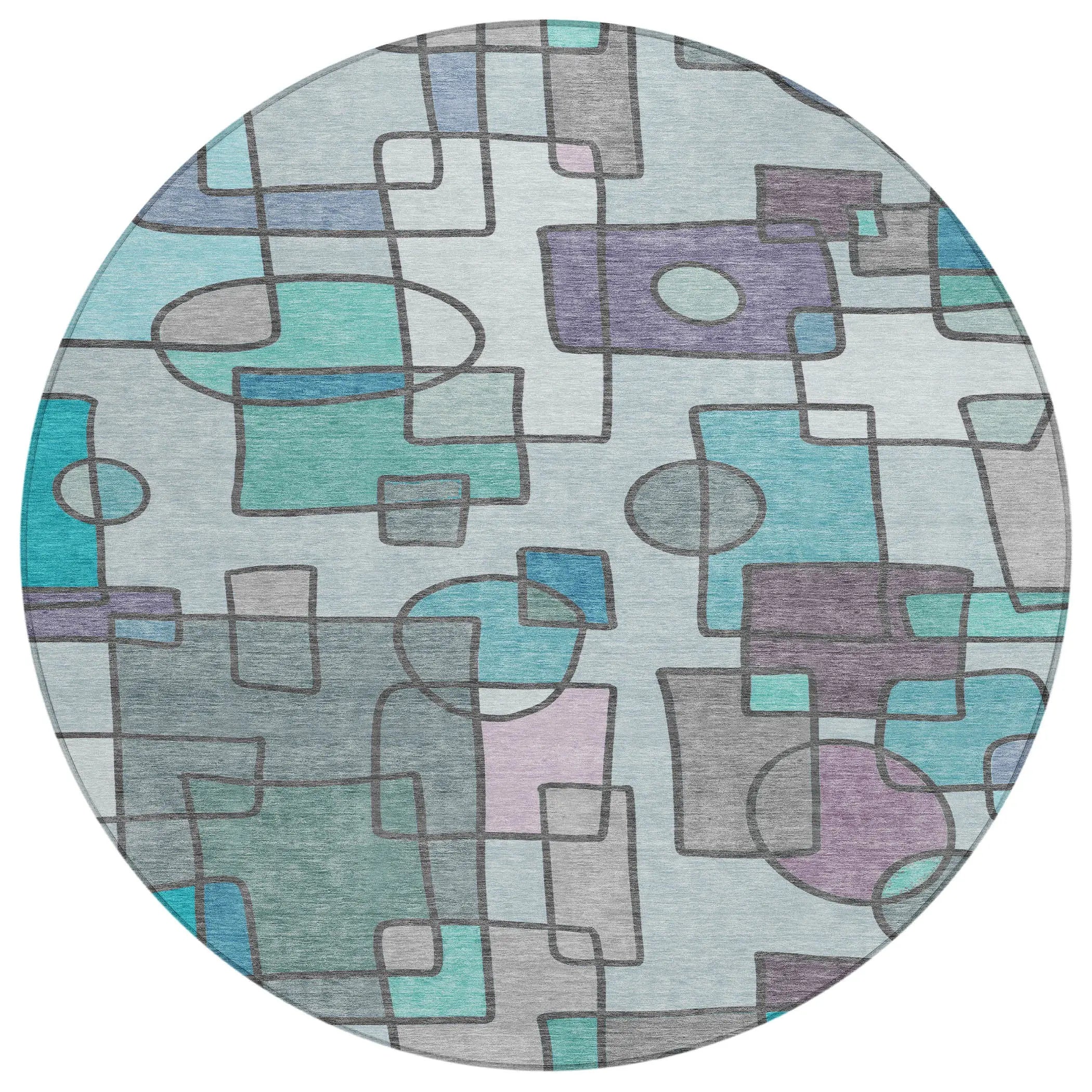 8' Teal Blue And Plum Round Geometric Washable Indoor Outdoor Area Rug Homeroots Outdoor