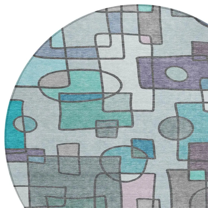 8' Teal Blue And Plum Round Geometric Washable Indoor Outdoor Area Rug Homeroots Outdoor