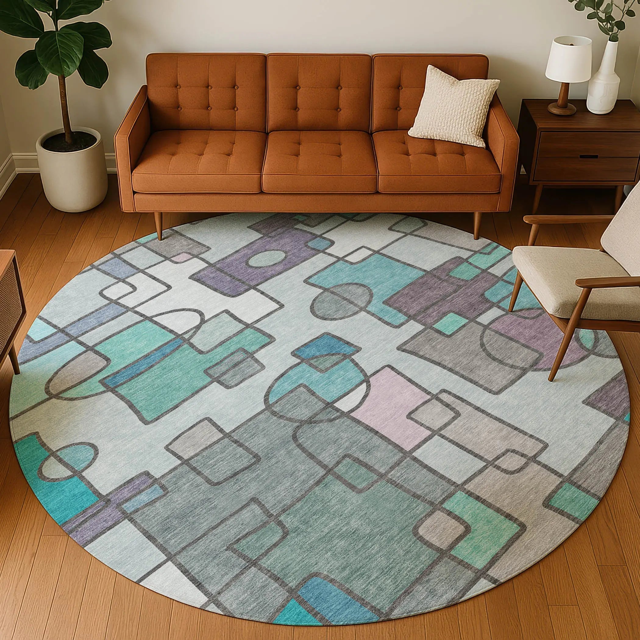 8' Teal Blue And Plum Round Geometric Washable Indoor Outdoor Area Rug Homeroots Outdoor