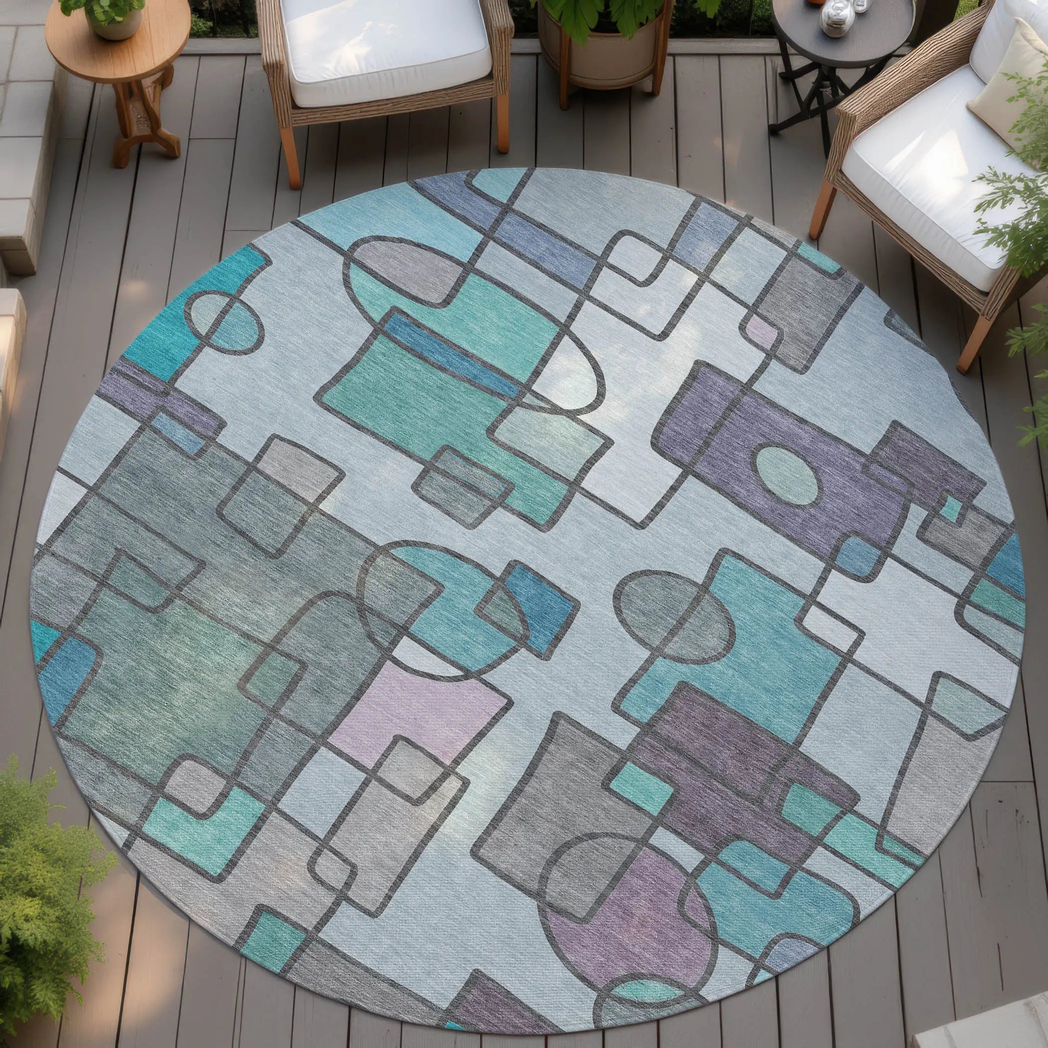 8' Teal Blue And Plum Round Geometric Washable Indoor Outdoor Area Rug Homeroots Outdoor