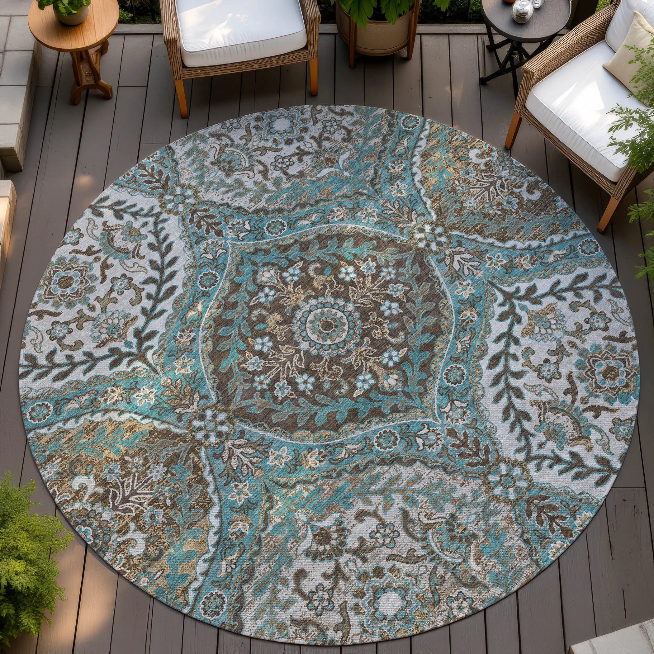 8' Teal Blue And Purple Round Ogee Washable Indoor Outdoor Area Rug Homeroots Outdoor