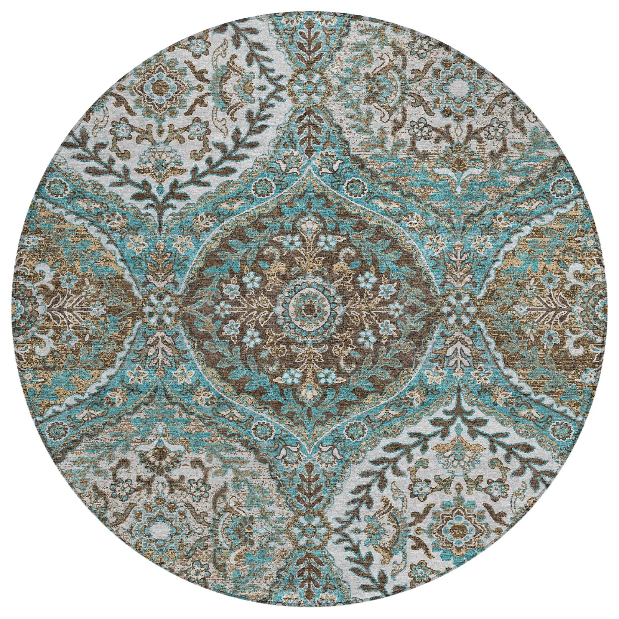 8' Teal Blue And Purple Round Ogee Washable Indoor Outdoor Area Rug Homeroots Outdoor