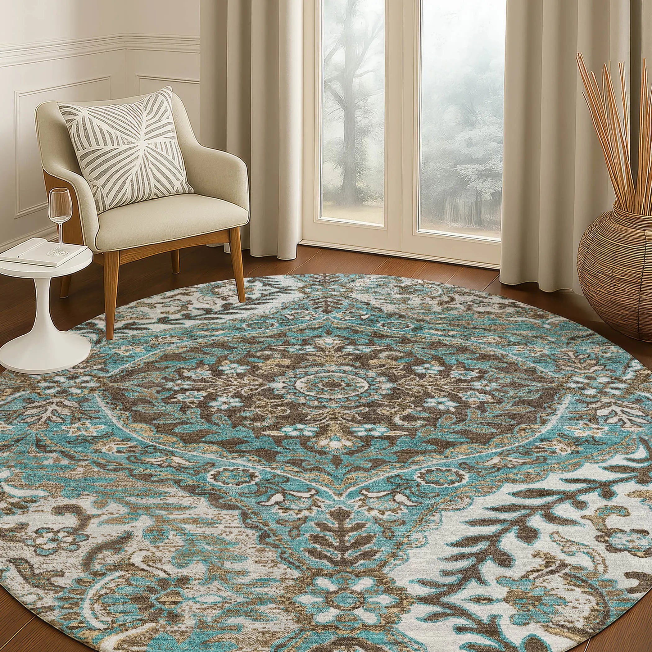 8' Teal Blue And Purple Round Ogee Washable Indoor Outdoor Area Rug Homeroots Outdoor