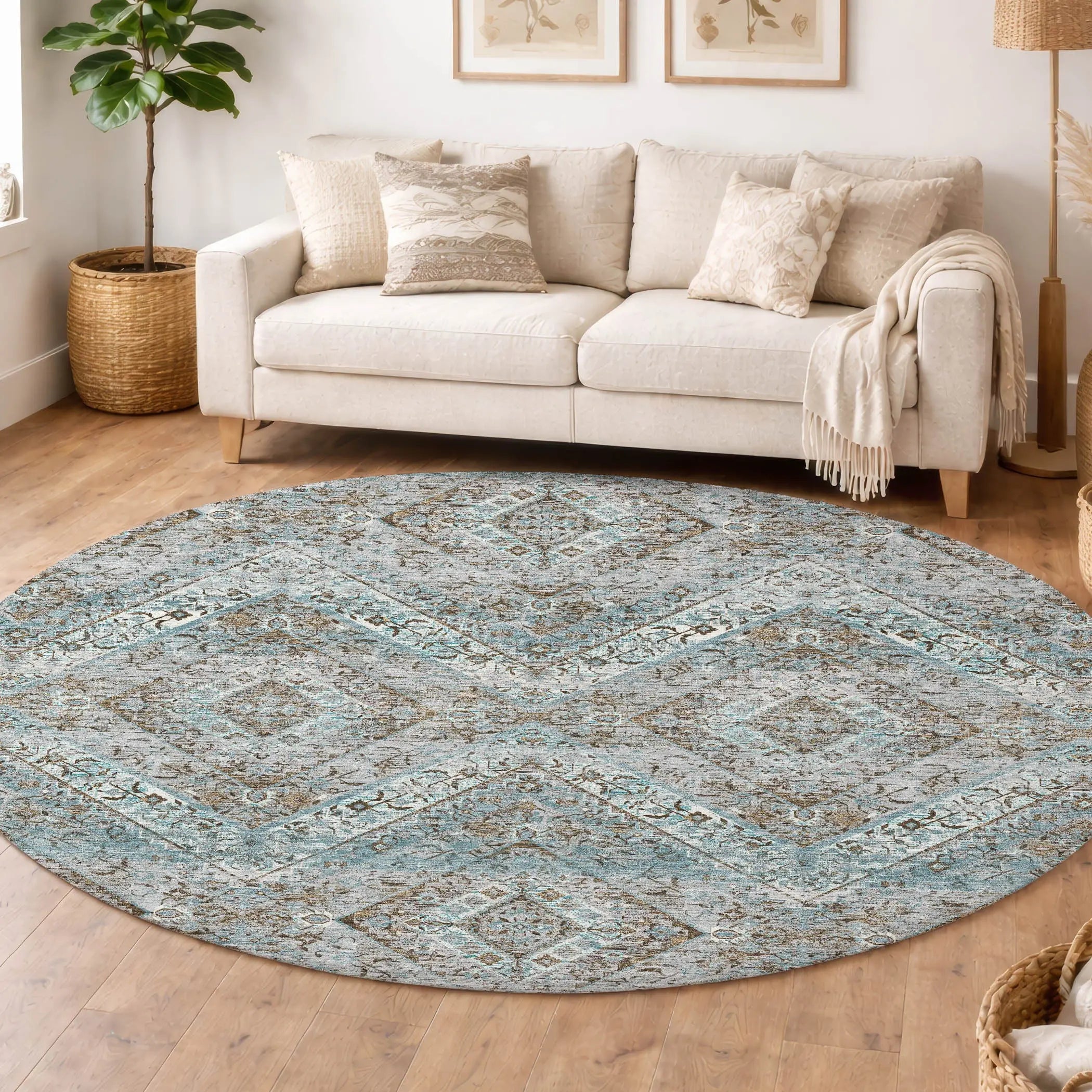 8' Teal Blue And Purple Round Tribal Washable Indoor Outdoor Area Rug Homeroots Outdoor