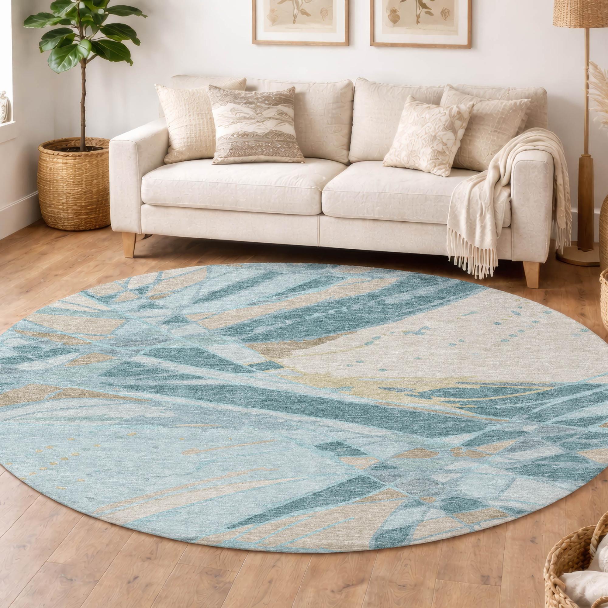 8' Teal Blue And Silver Round Abstract Washable Indoor Outdoor Area Rug Homeroots Outdoor