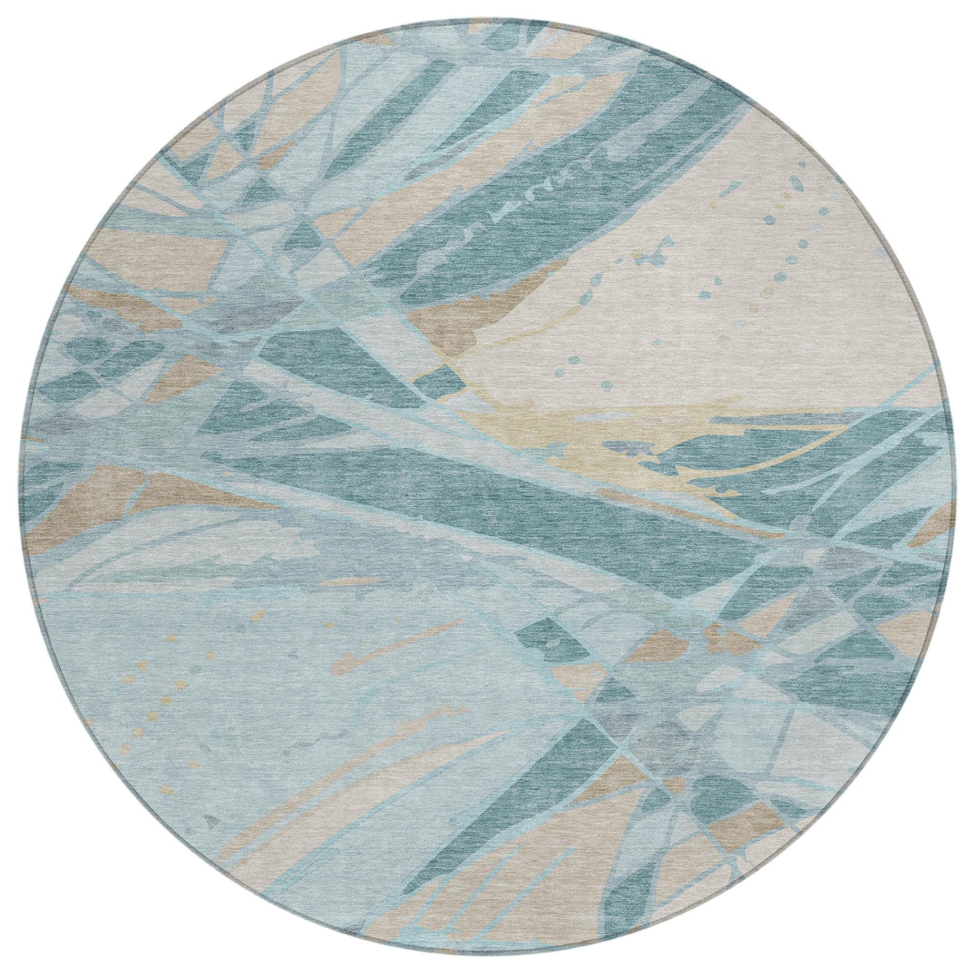 8' Teal Blue And Silver Round Abstract Washable Indoor Outdoor Area Rug Homeroots Outdoor
