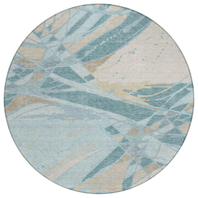 8' Teal Blue And Silver Round Abstract Washable Indoor Outdoor Area Rug Homeroots Outdoor