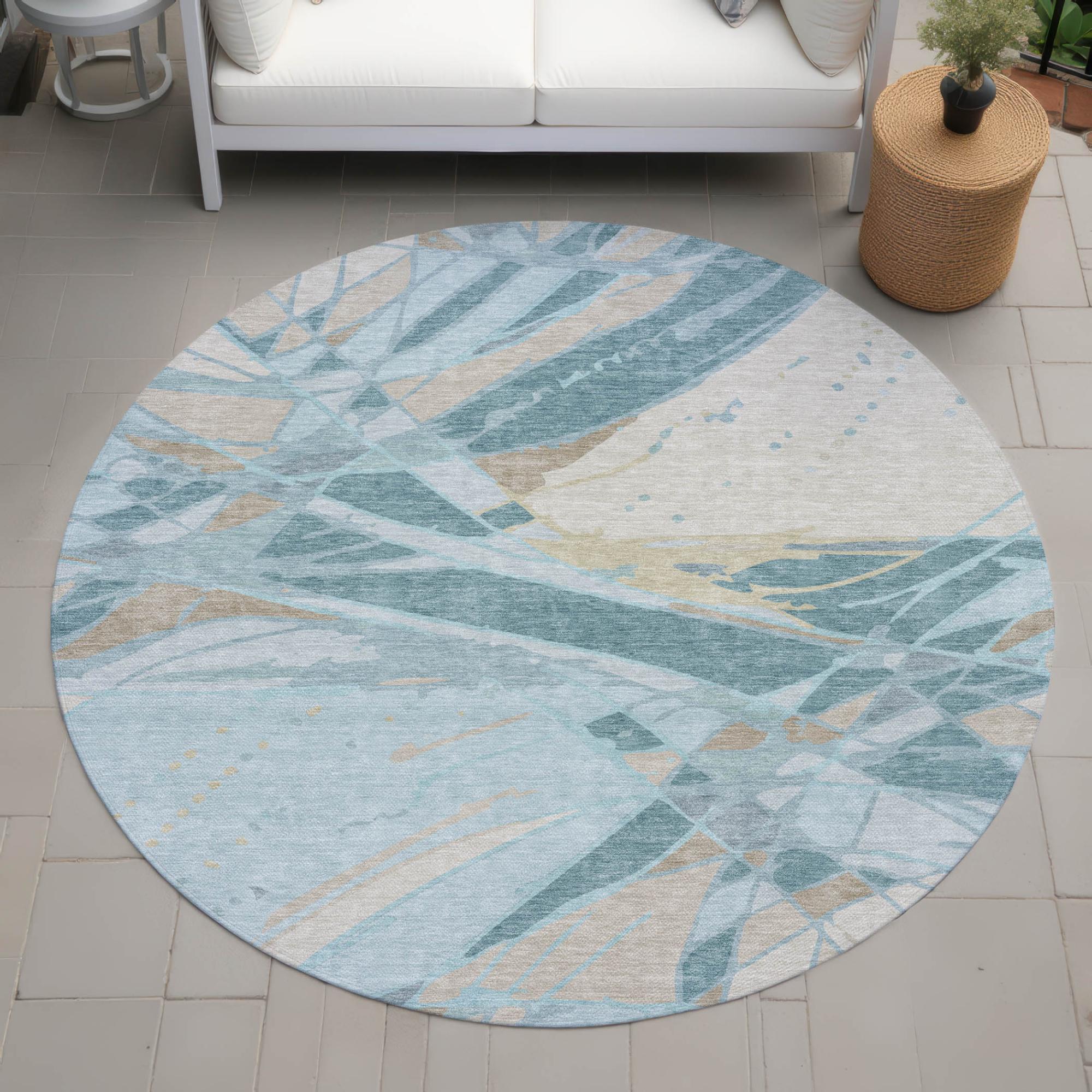 8' Teal Blue And Silver Round Abstract Washable Indoor Outdoor Area Rug Homeroots Outdoor