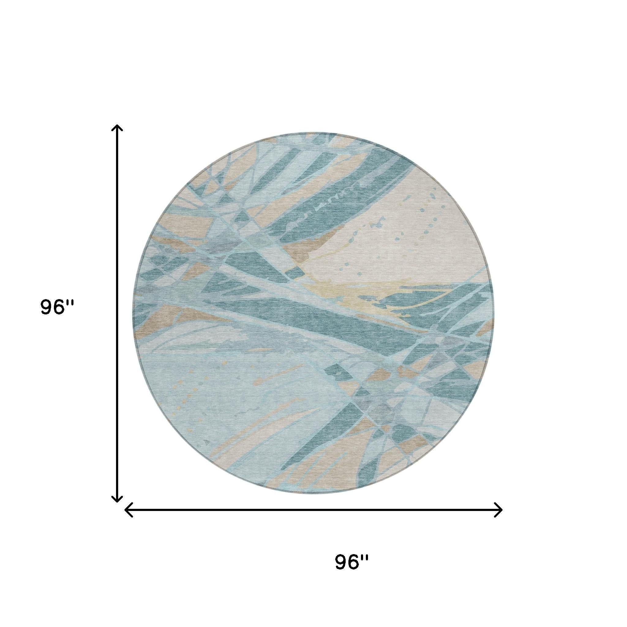 8' Teal Blue And Silver Round Abstract Washable Indoor Outdoor Area Rug Homeroots Outdoor