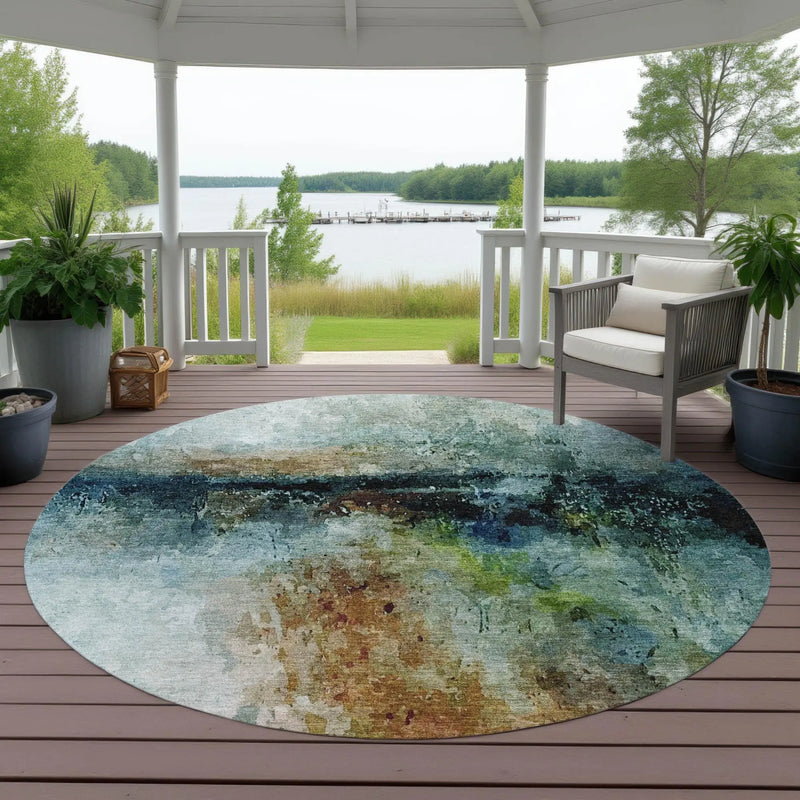 8' Teal Blue And Silver Round Abstract Washable Indoor Outdoor Area Rug Homeroots Outdoor
